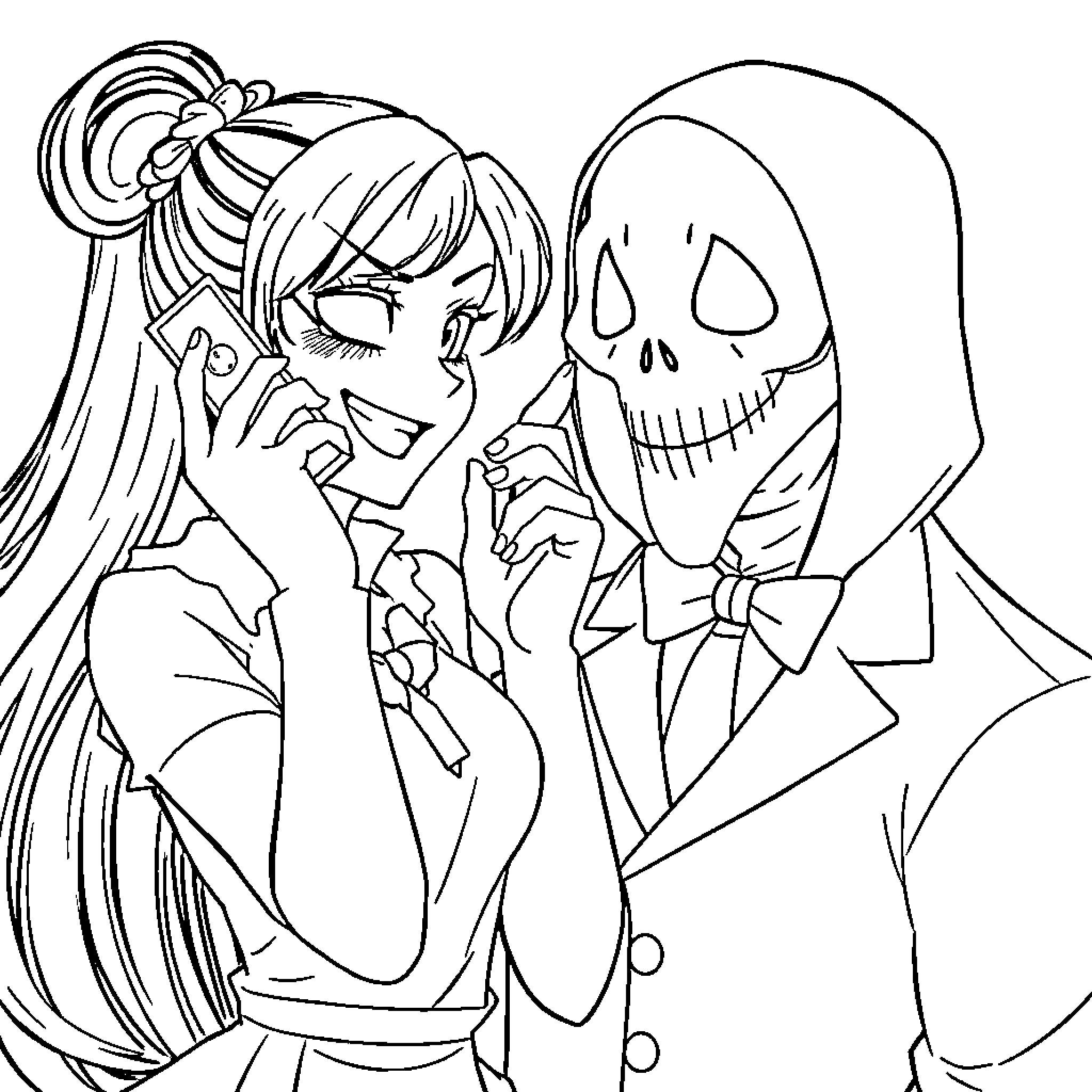 Kuromi and the Mysterious Stranger Coloring Page (free black-and-white line drawing printable PDF for all, from beginners to advanced learners, including children, teens, adults, and seniors)