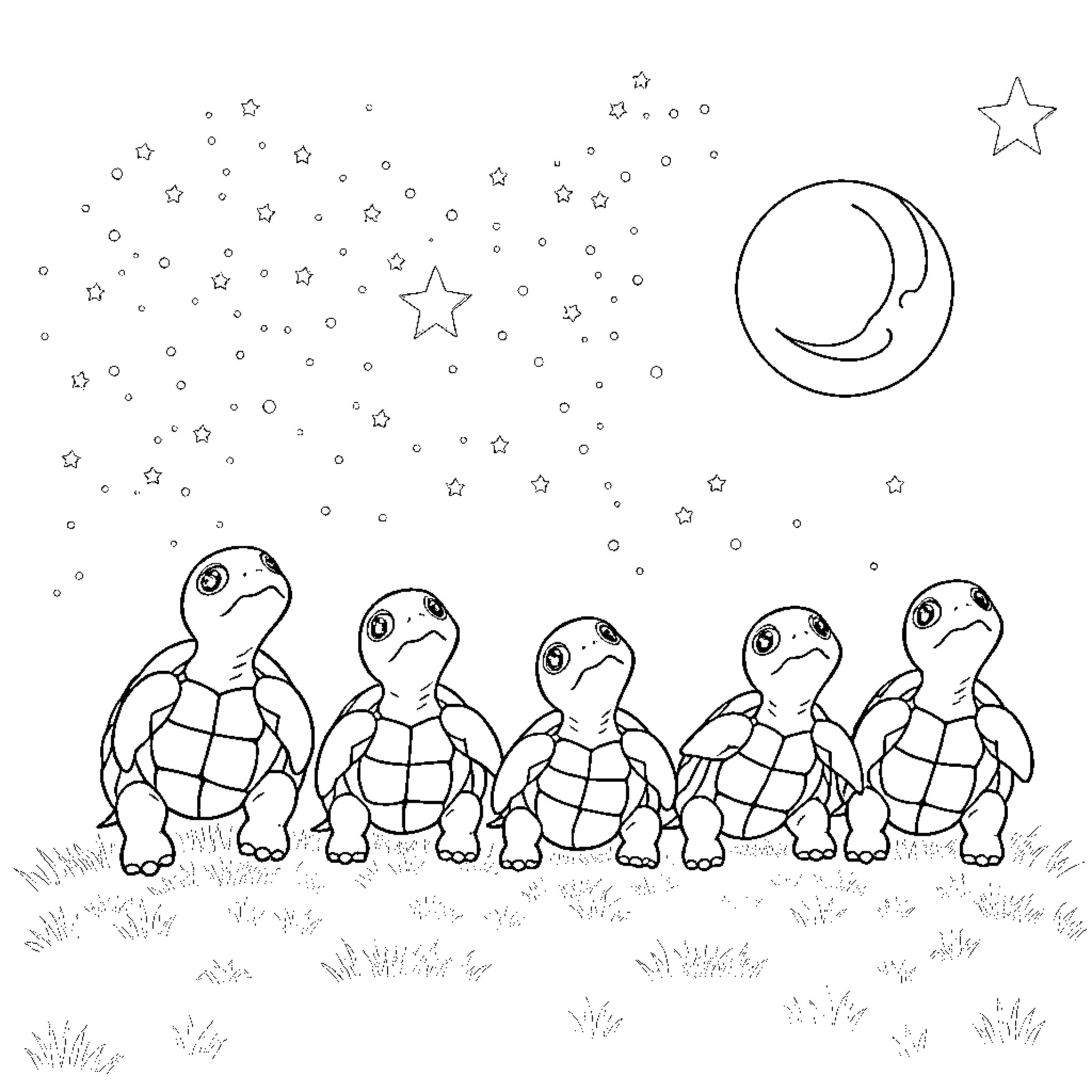 Turtles gazing at the starry night sky Coloring Page (free black-and-white line drawing printable PDF for all, from beginners to advanced learners, including children, teens, adults, and seniors)