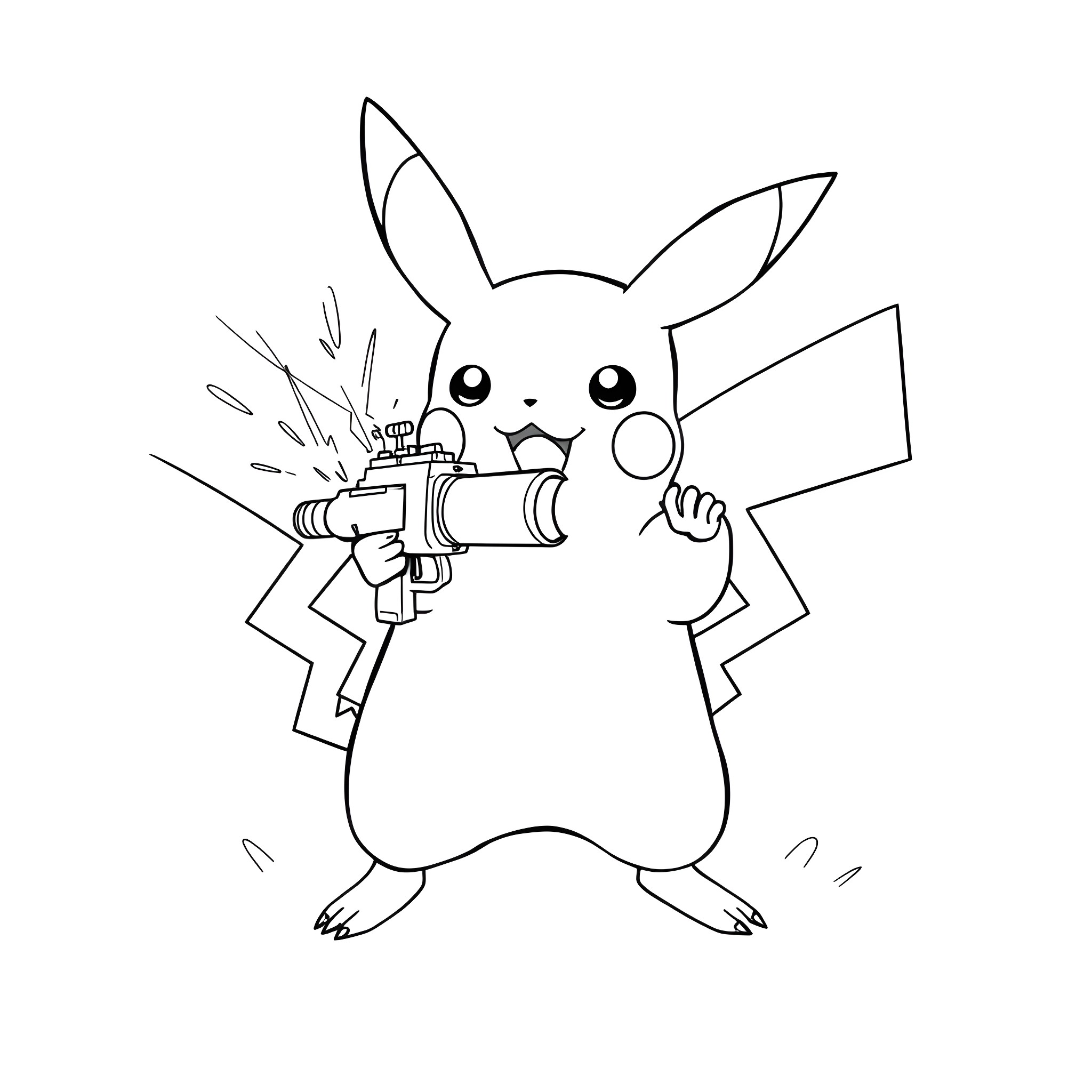 Pikachu wielding a blaster in a battle stance Coloring Page (free black-and-white line drawing printable PDF for all, from beginners to advanced learners, including children, teens, adults, and seniors)