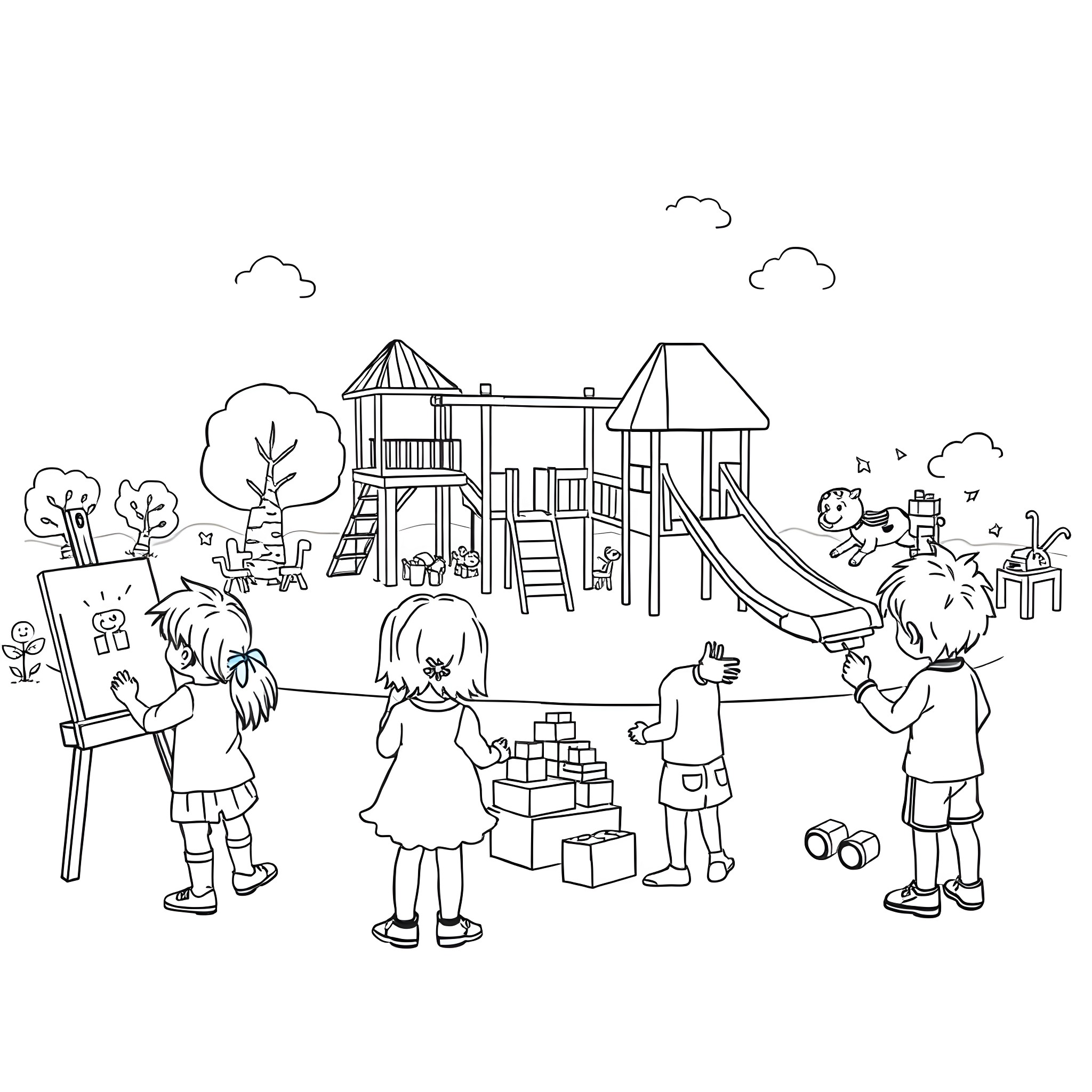 Kids Playing in Outdoor Playground with Toys Coloring Page (free black-and-white line drawing printable PDF for all, from beginners to advanced learners, including children, teens, adults, and seniors)