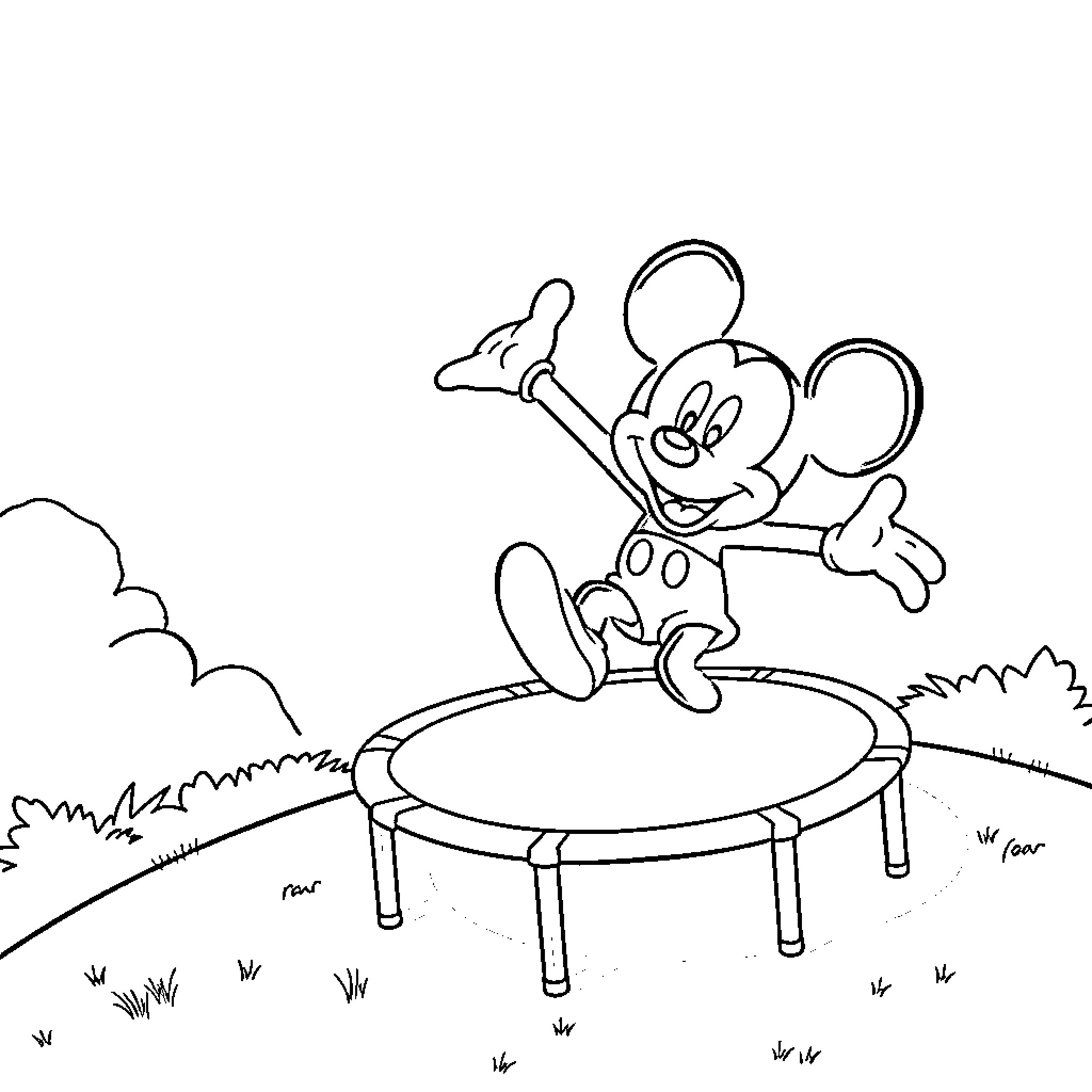 Mickey Mouse playing happily on a trampoline Coloring Page (free black-and-white line drawing printable PDF for all, from beginners to advanced learners, including children, teens, adults, and seniors)