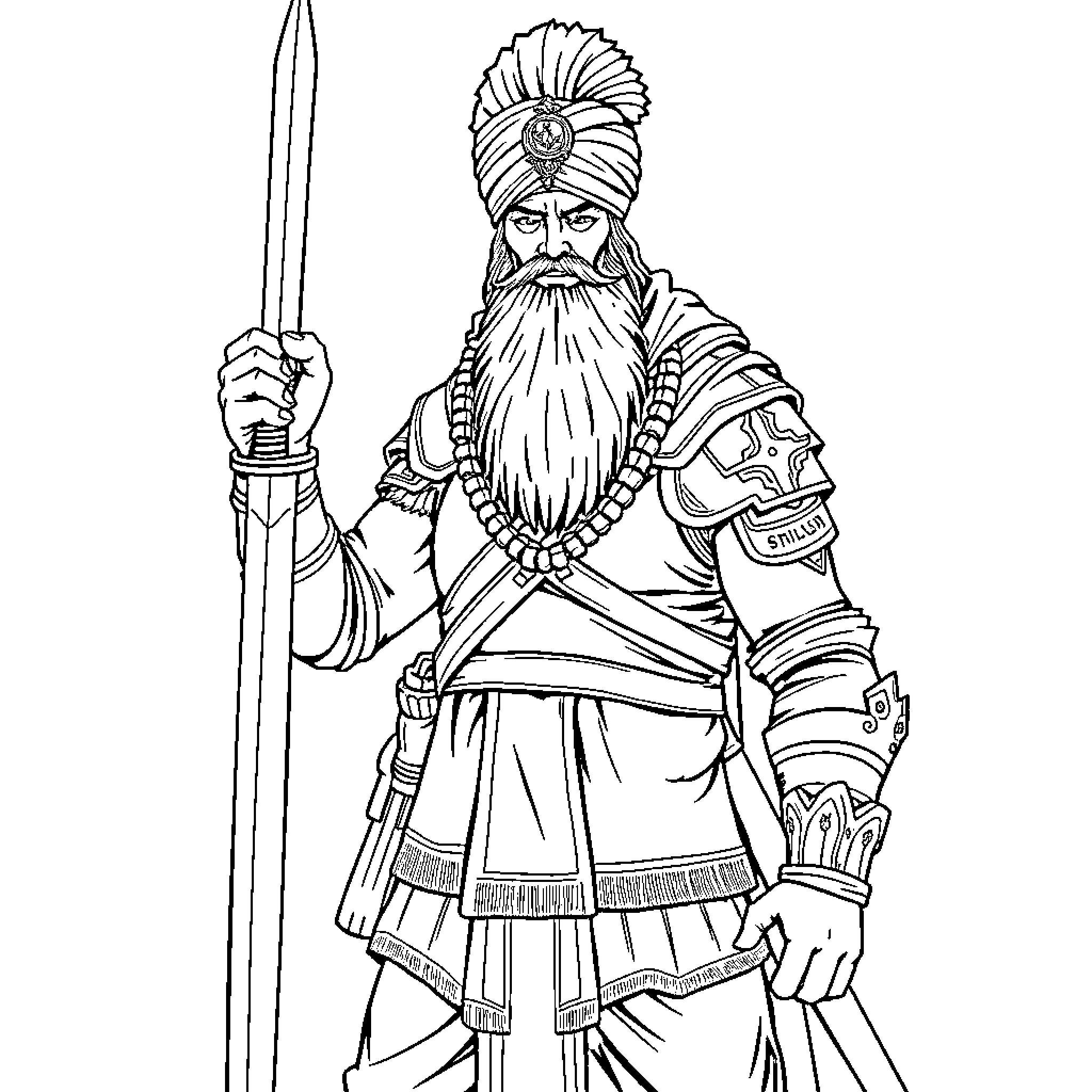 Sikh Warrior Wielding Sword in Ornate Attire Coloring Page (free black-and-white line drawing printable PDF for all, from beginners to advanced learners, including children, teens, adults, and seniors)