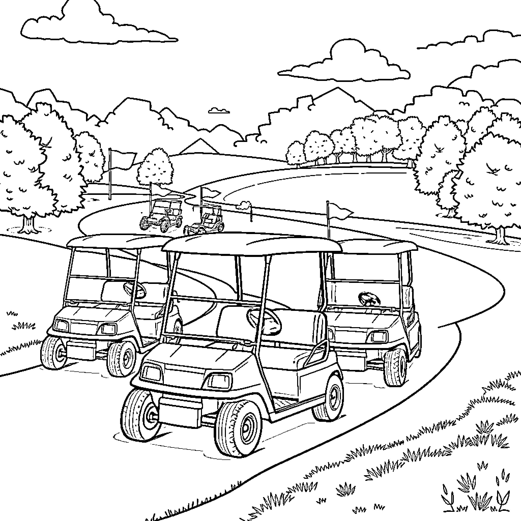 Golf Cars Traveling on Winding Road Through Scenic Landscape Coloring Page (free black-and-white line drawing printable PDF for all, from beginners to advanced learners, including children, teens, adults, and seniors)
