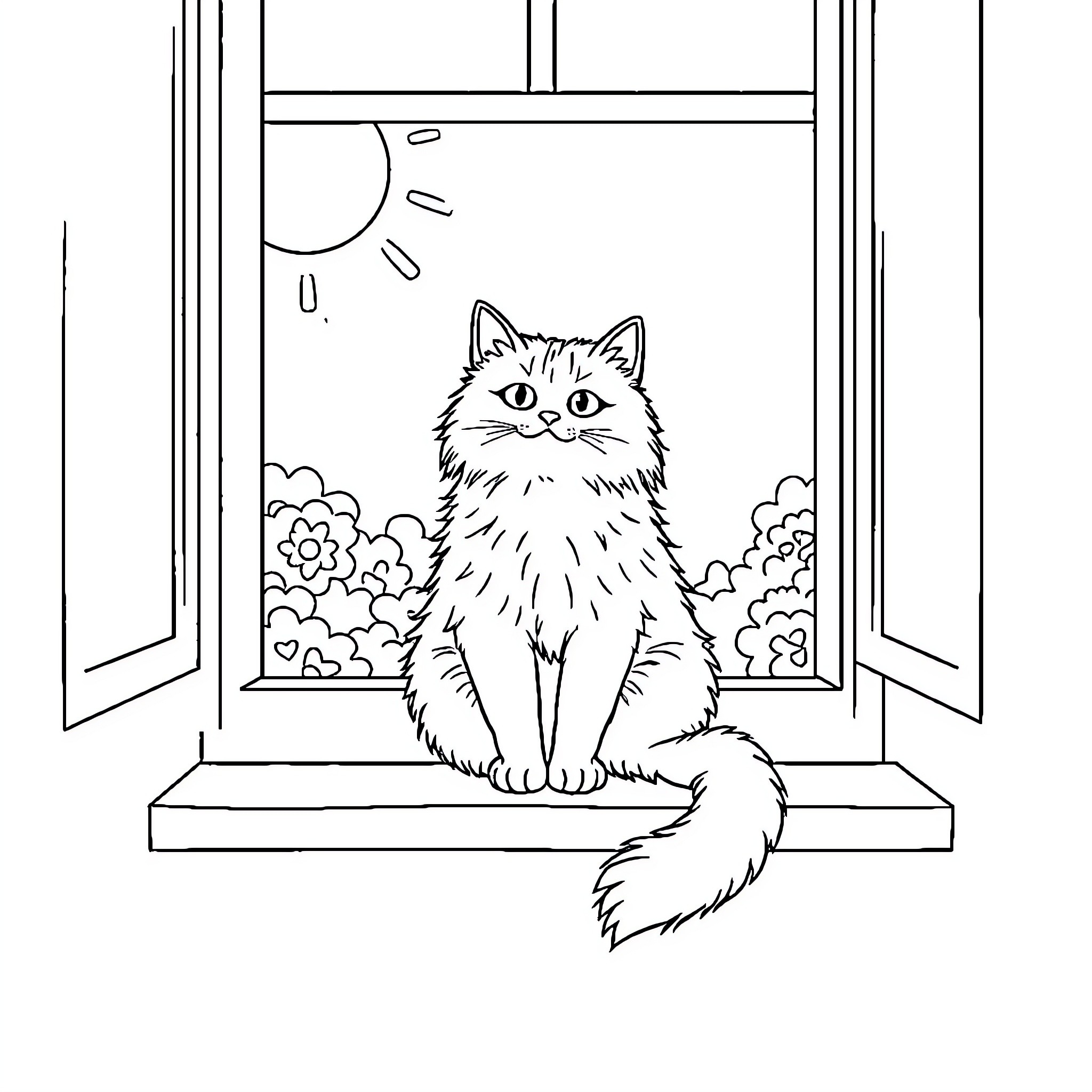 Cat sitting on window ledge watching rain Coloring Page (free black-and-white line drawing printable PDF for all, from beginners to advanced learners, including children, teens, adults, and seniors)