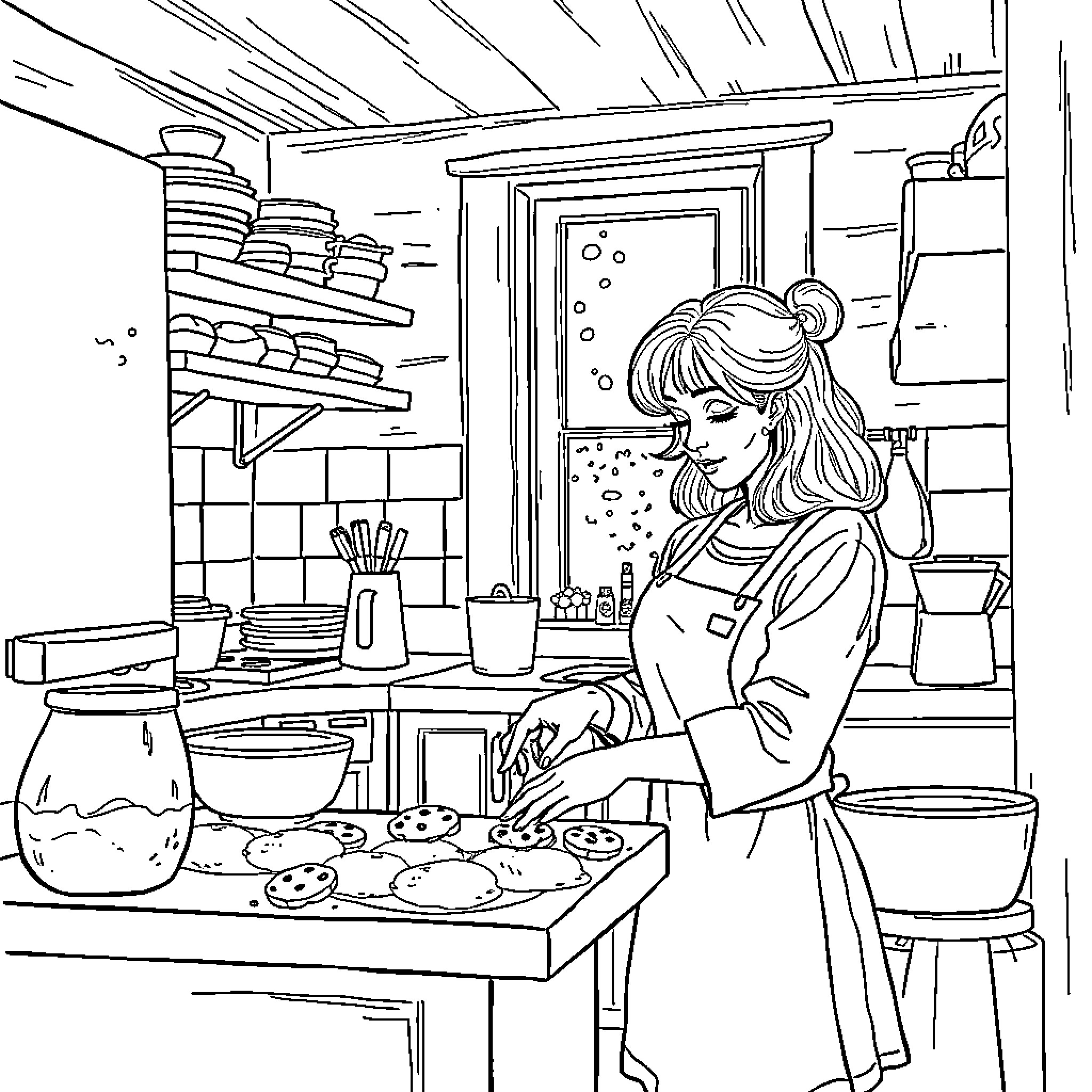 Woman working diligently in a cozy kitchen Coloring Page (free black-and-white line drawing printable PDF for all, from beginners to advanced learners, including children, teens, adults, and seniors)