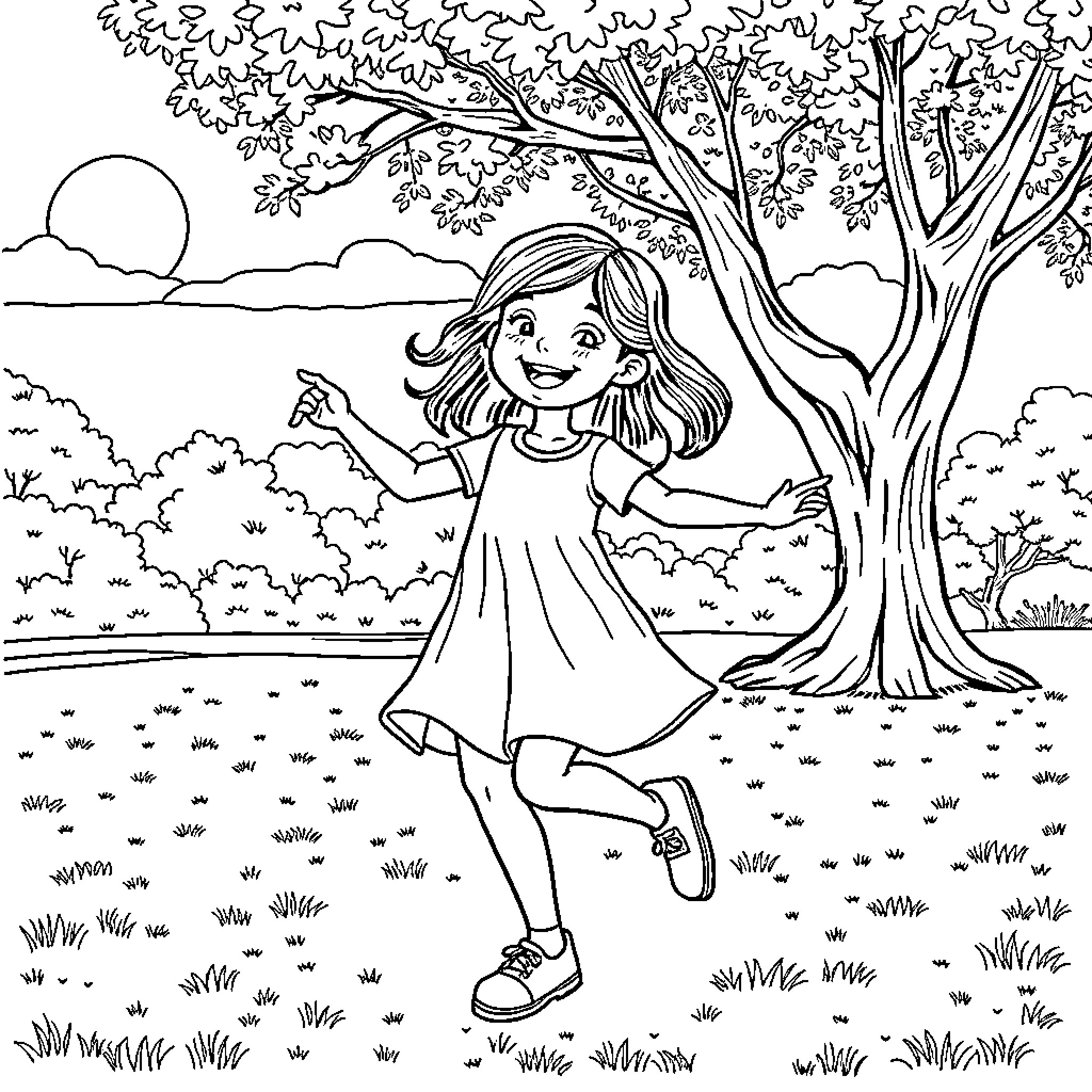 Girl playing joyfully in the park Coloring Page (free black-and-white line drawing printable PDF for all, from beginners to advanced learners, including children, teens, adults, and seniors)