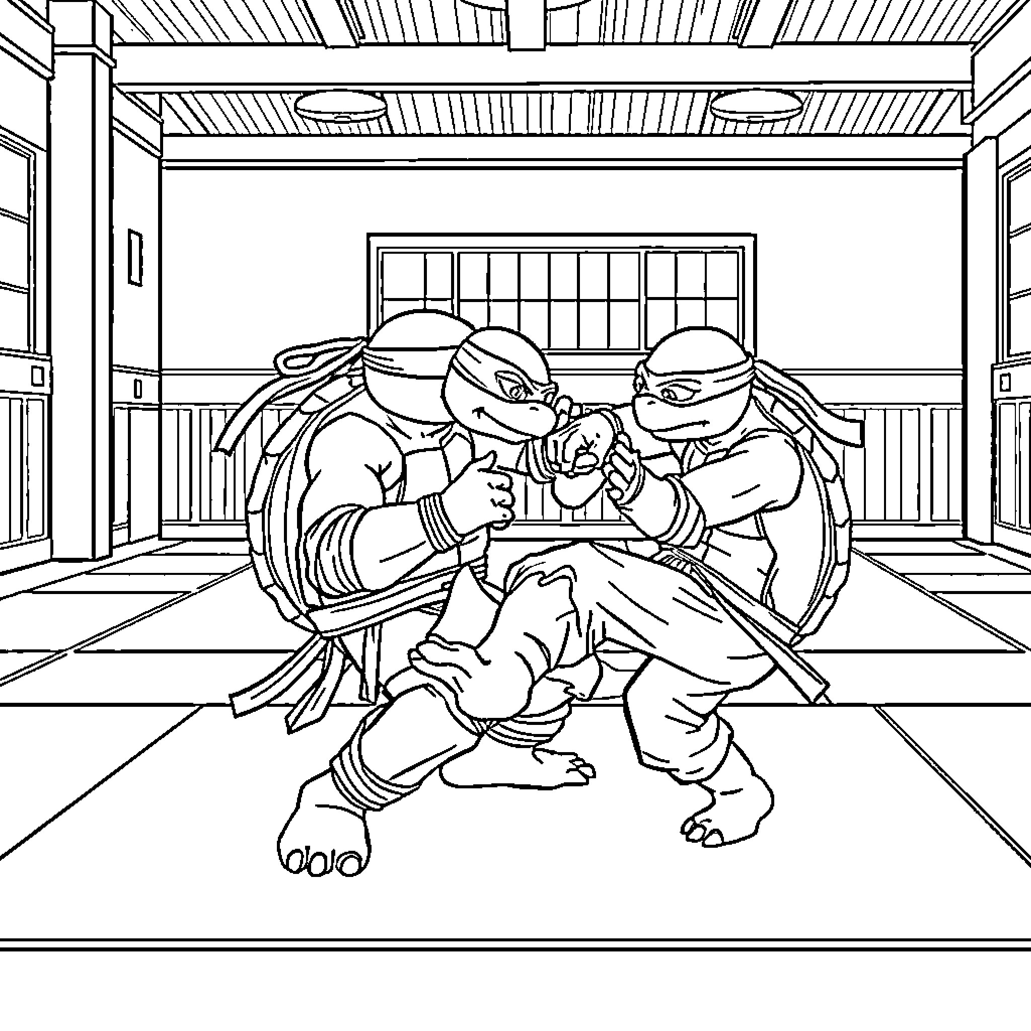 Ninja Turtles in Intense Martial Arts Showdown Coloring Page (free black-and-white line drawing printable PDF for all, from beginners to advanced learners, including children, teens, adults, and seniors)