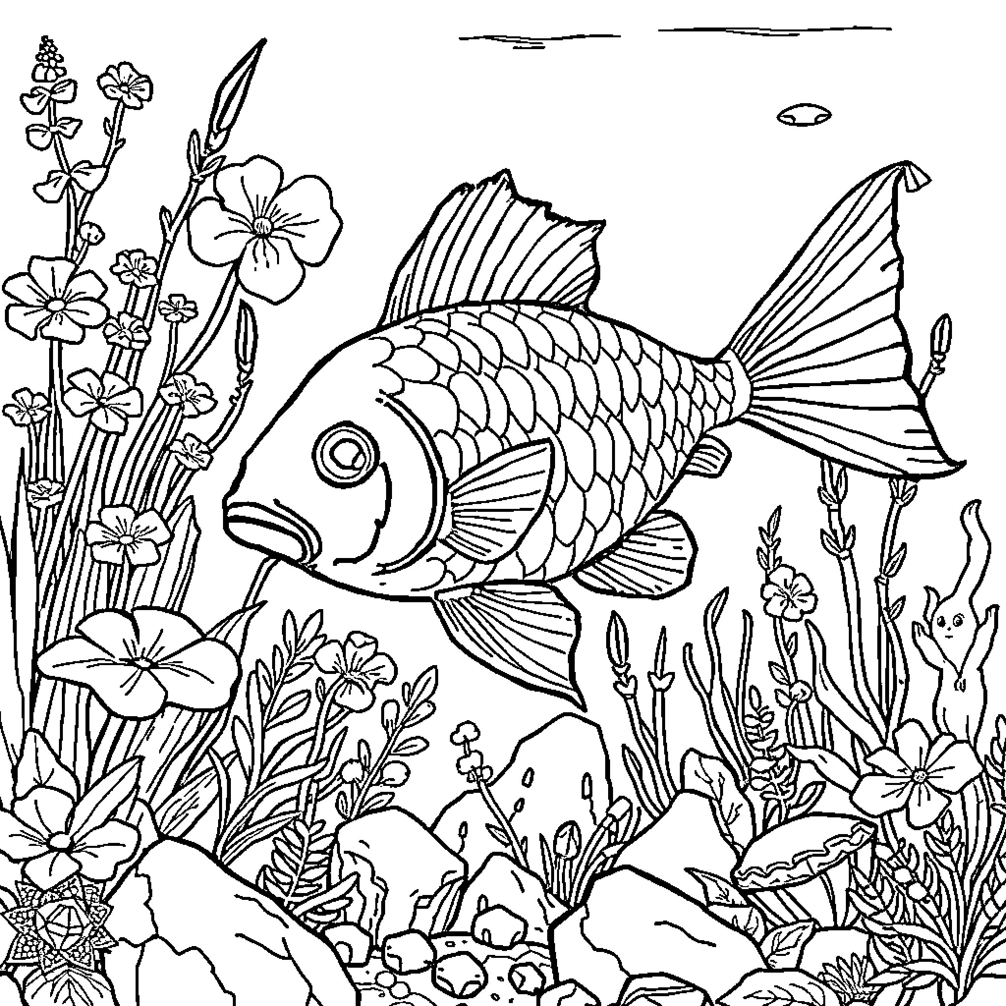 Betta fish swimming amidst vibrant underwater flora Coloring Page (free black-and-white line drawing printable PDF for all, from beginners to advanced learners, including children, teens, adults, and seniors)