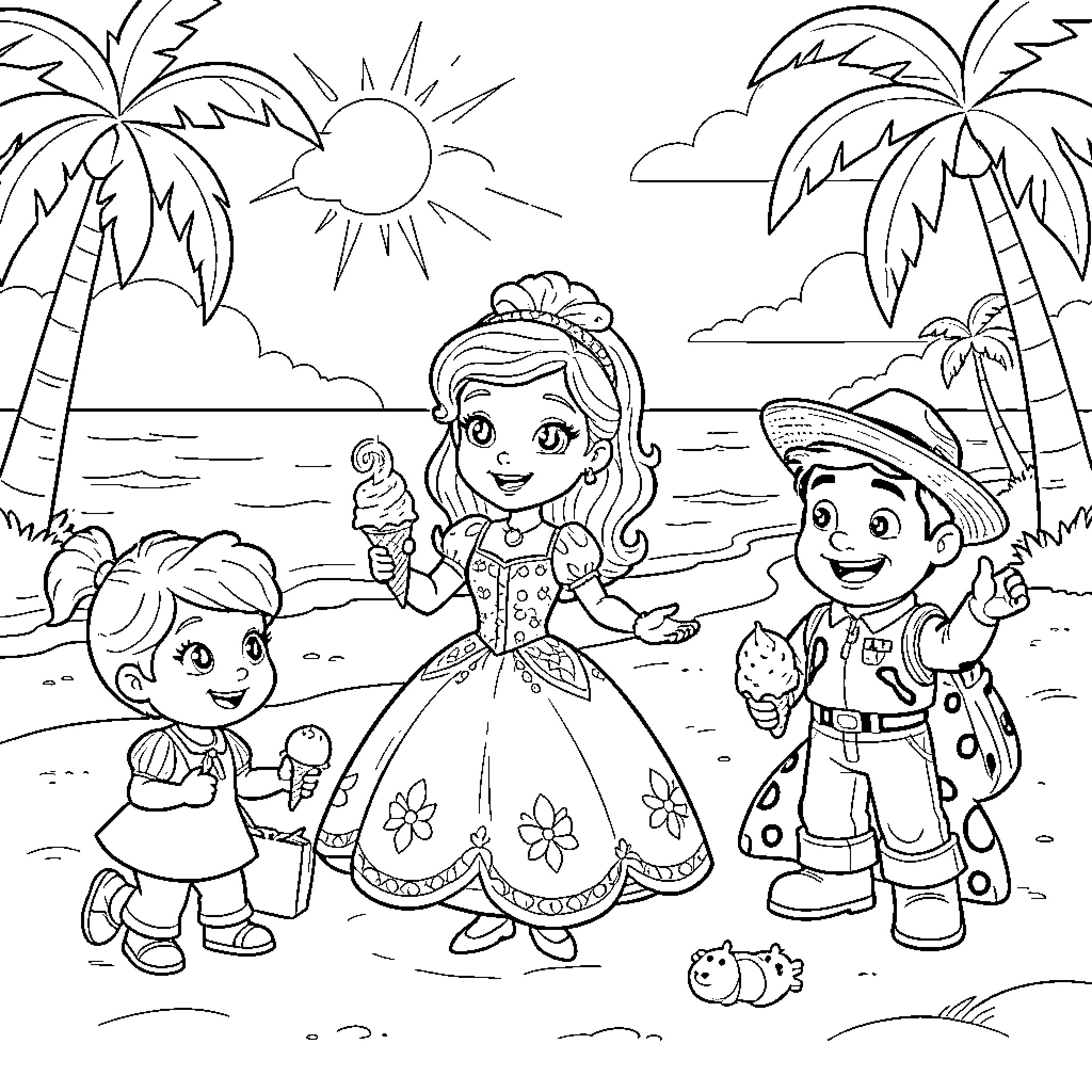Sofia enjoying ice cream on a sunny beach Coloring Page (free black-and-white line drawing printable PDF for all, from beginners to advanced learners, including children, teens, adults, and seniors)