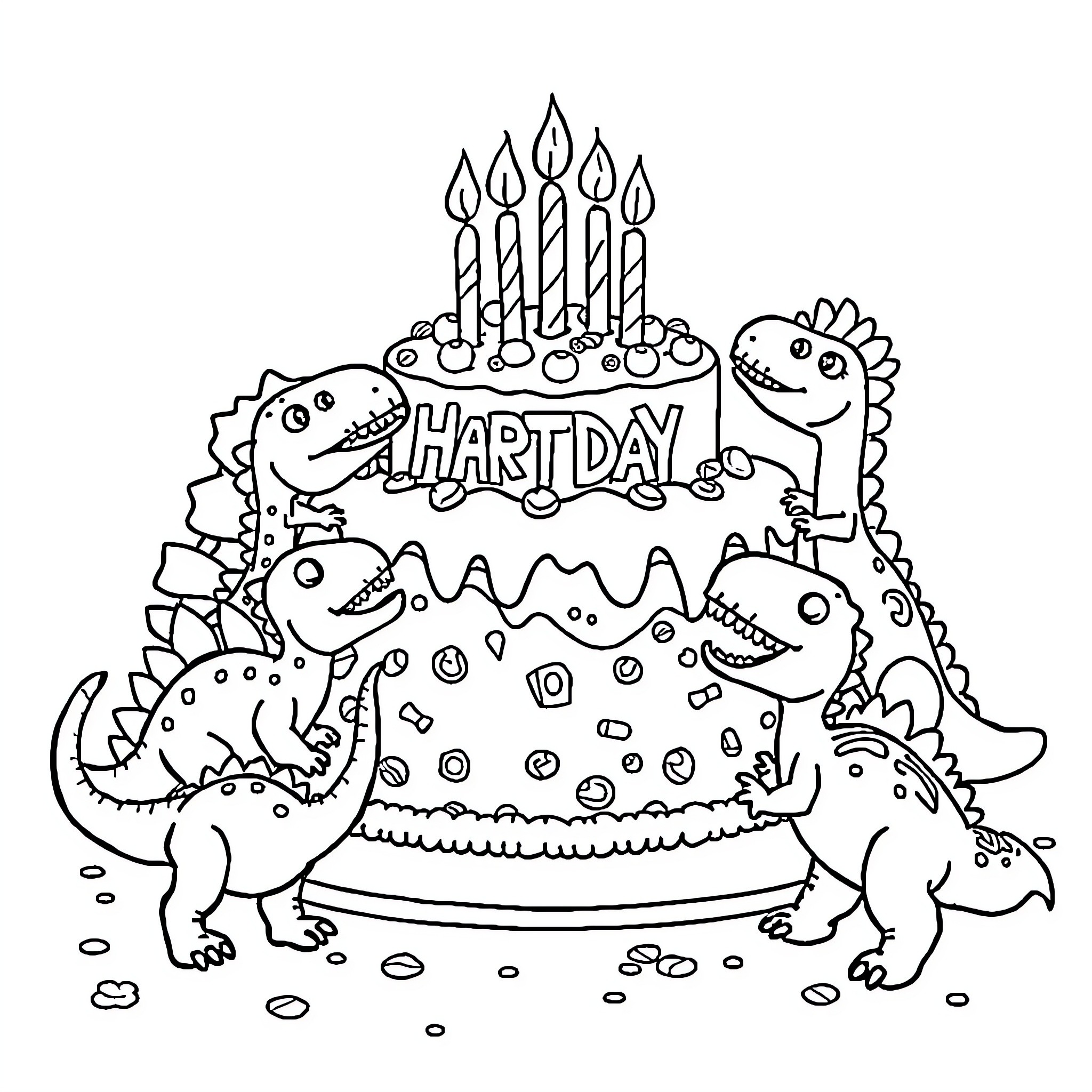Dinosaurs celebrating a happy birthday party Coloring Page (free black-and-white line drawing printable PDF for all, from beginners to advanced learners, including children, teens, adults, and seniors)