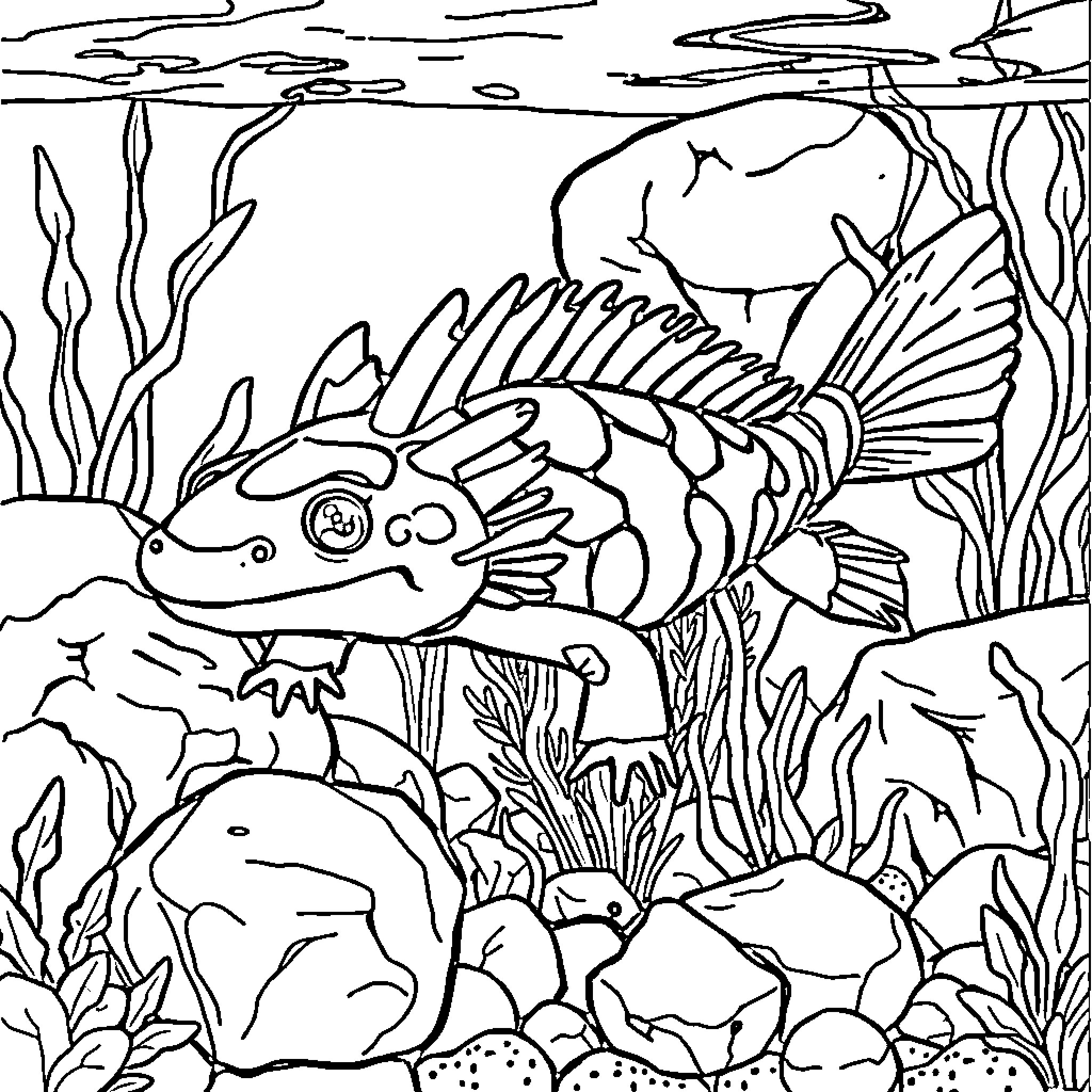 Axolotl exploring the underwater world Coloring Page (free black-and-white line drawing printable PDF for all, from beginners to advanced learners, including children, teens, adults, and seniors)