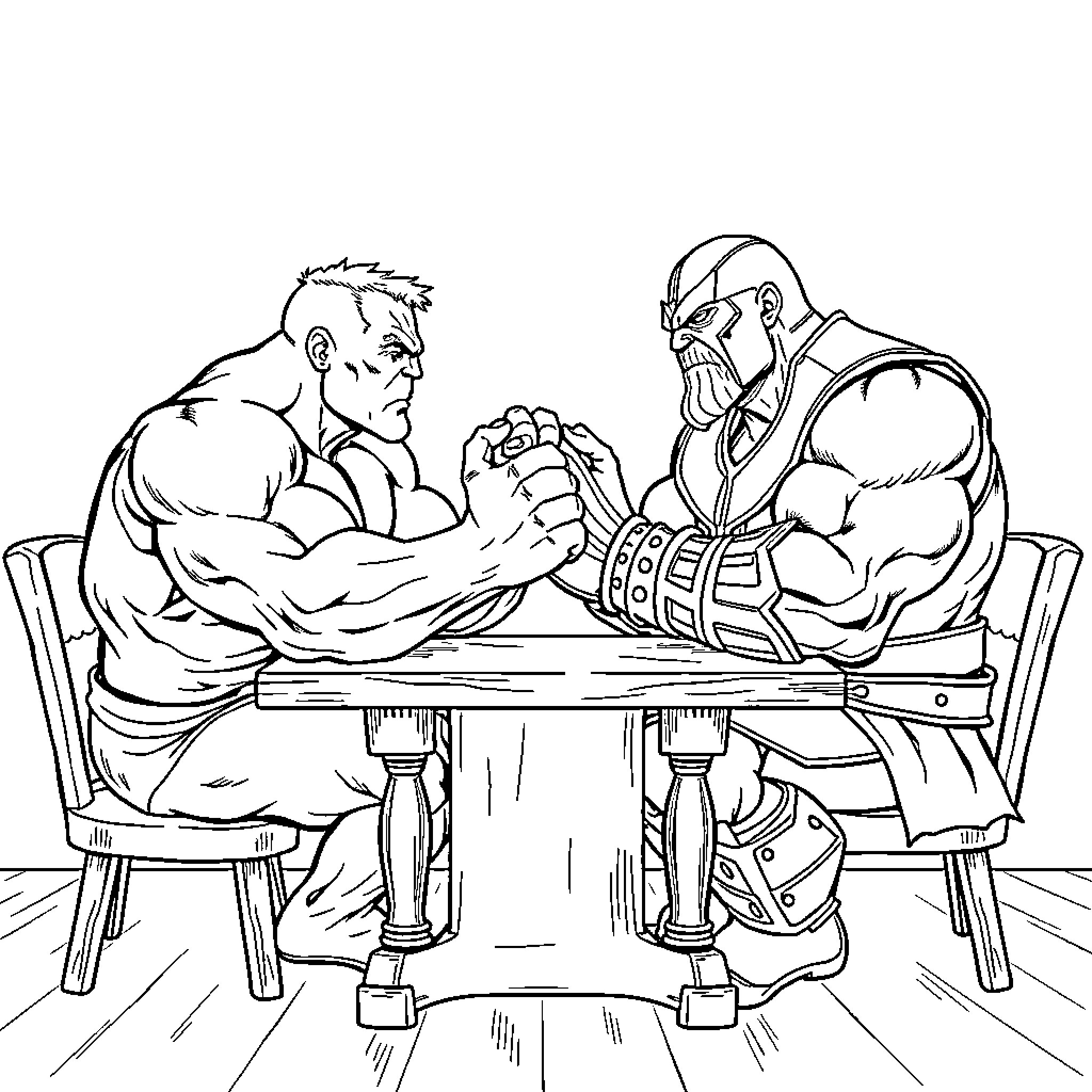 Hulk and Thanos in an Intense Arm Wrestling Match Coloring Page (free black-and-white line drawing printable PDF for all, from beginners to advanced learners, including children, teens, adults, and seniors)