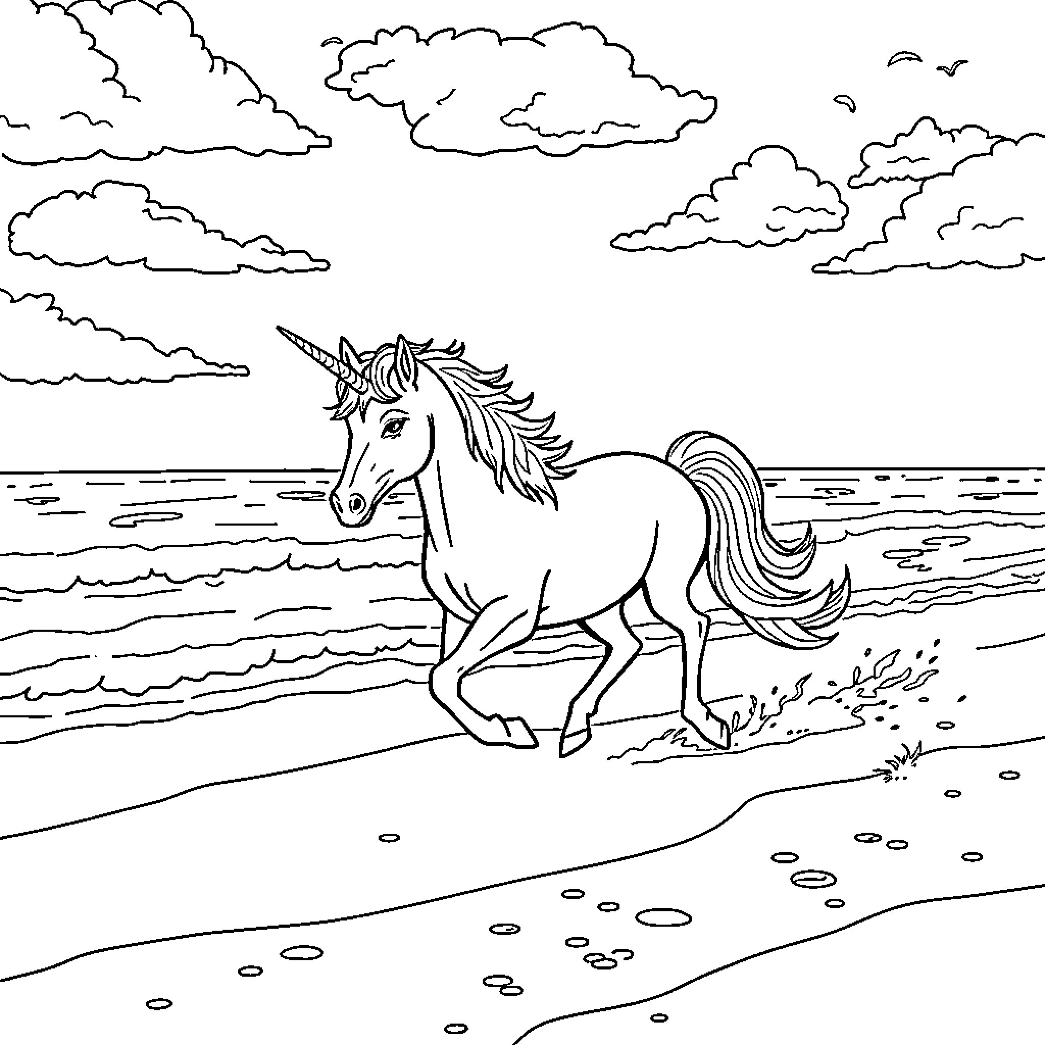 Unicorn galloping along the beach Coloring Page (free black-and-white line drawing printable PDF for all, from beginners to advanced learners, including children, teens, adults, and seniors)