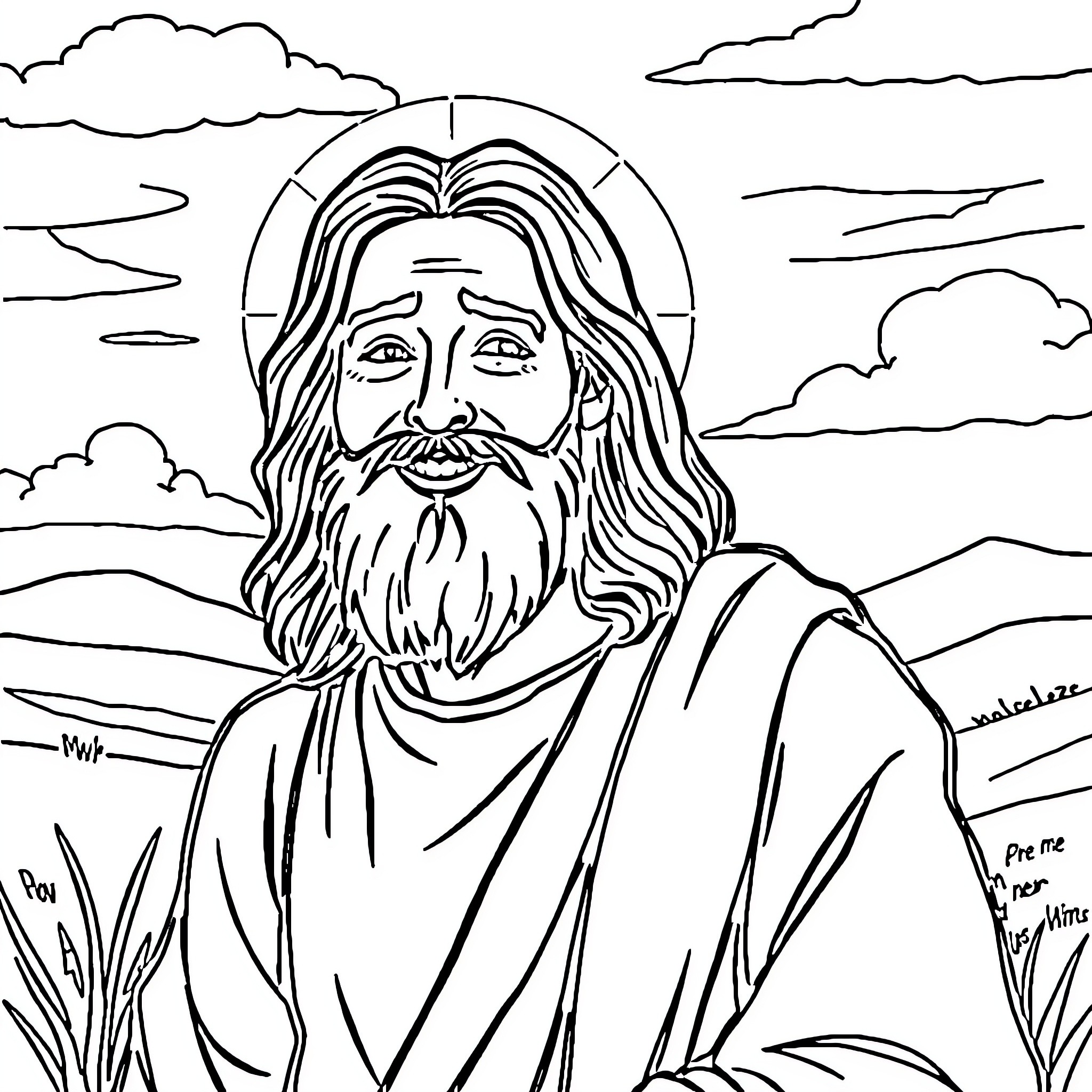 Jesus preaching to the masses in the wilderness Coloring Page (free black-and-white line drawing printable PDF for all, from beginners to advanced learners, including children, teens, adults, and seniors)