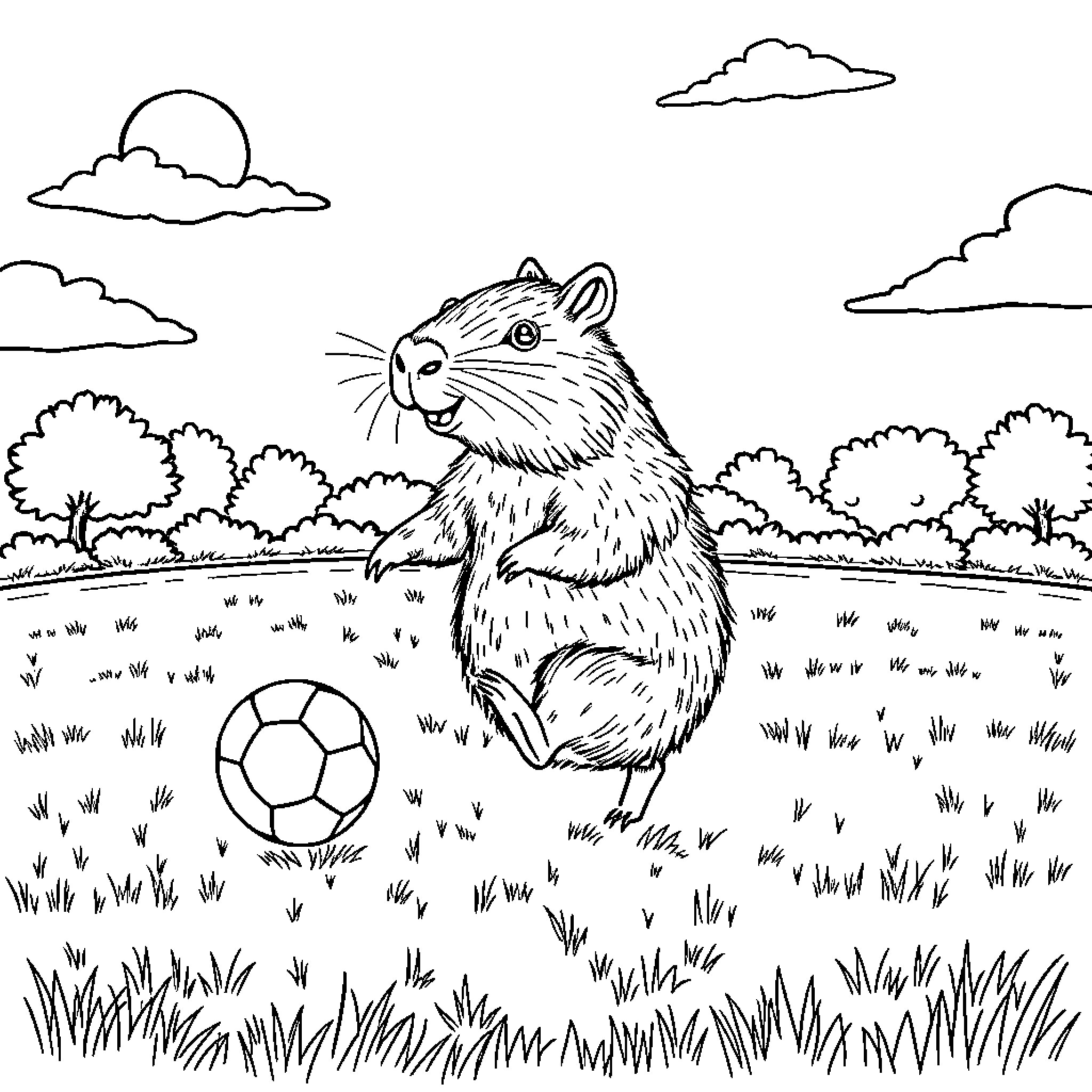 Capybara playing joyfully with a soccer ball in the park Coloring Page (free black-and-white line drawing printable PDF for all, from beginners to advanced learners, including children, teens, adults, and seniors)