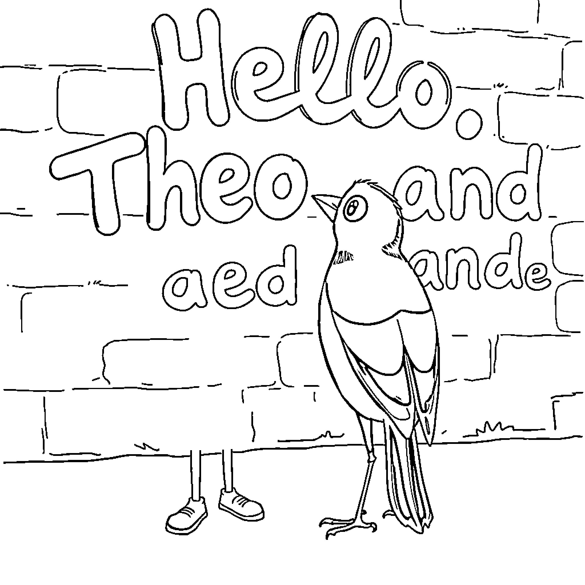 Steve greeting a friendly bird on a wall Coloring Page (free black-and-white line drawing printable PDF for all, from beginners to advanced learners, including children, teens, adults, and seniors)