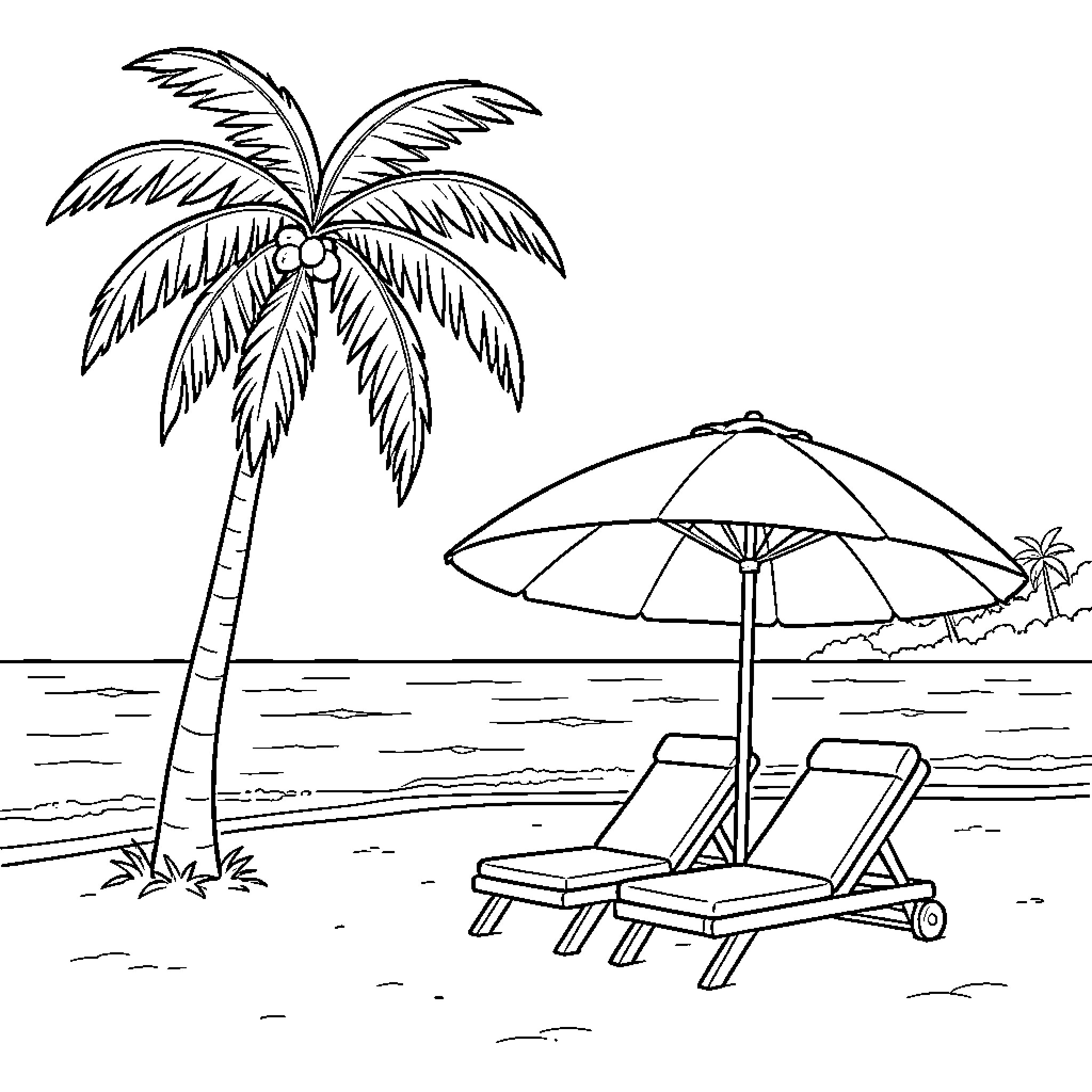 Beach scene with palm trees and lounge chairs Coloring Page (free black-and-white line drawing printable PDF for all, from beginners to advanced learners, including children, teens, adults, and seniors)