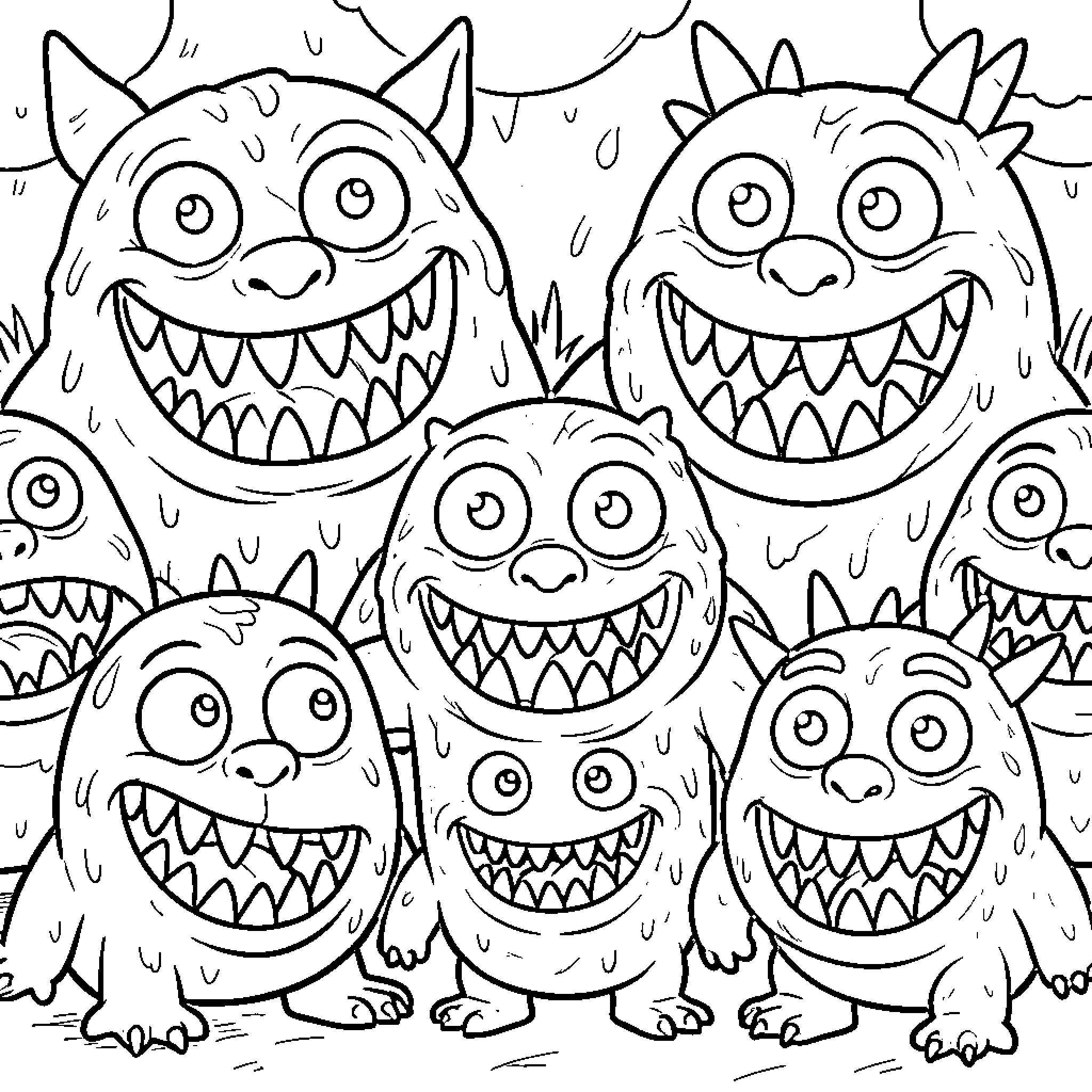 Monster family smiling and playing together Coloring Page (free black-and-white line drawing printable PDF for all, from beginners to advanced learners, including children, teens, adults, and seniors)