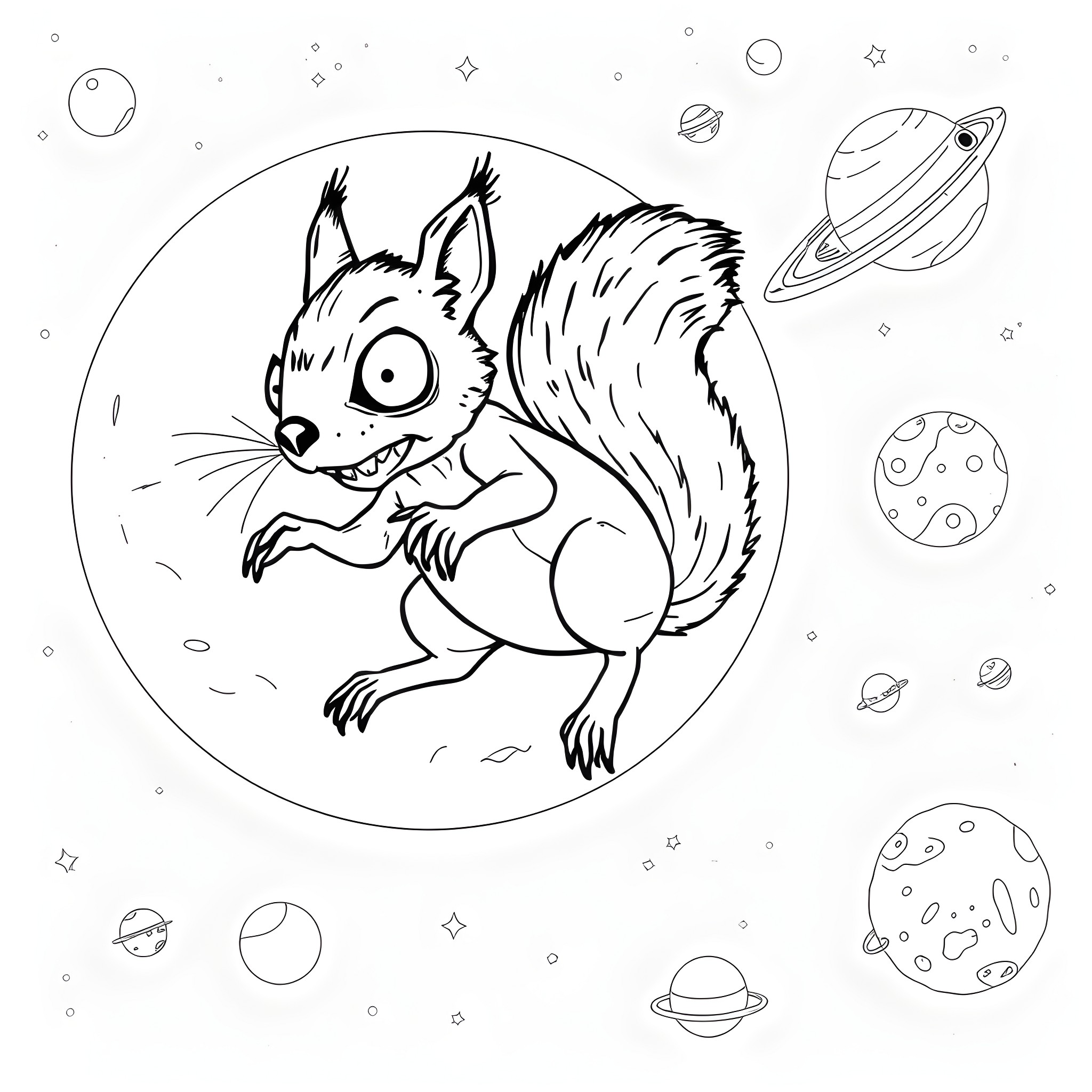 Zombie Squirrel Exploring Outer Space Coloring Page (free black-and-white line drawing printable PDF for all, from beginners to advanced learners, including children, teens, adults, and seniors)