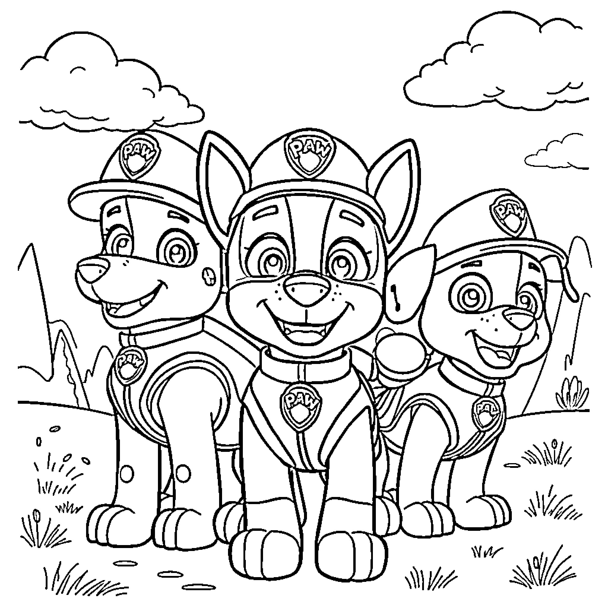 Paw Patrol heroes in action poses Coloring Page (free black-and-white line drawing printable PDF for all, from beginners to advanced learners, including children, teens, adults, and seniors)