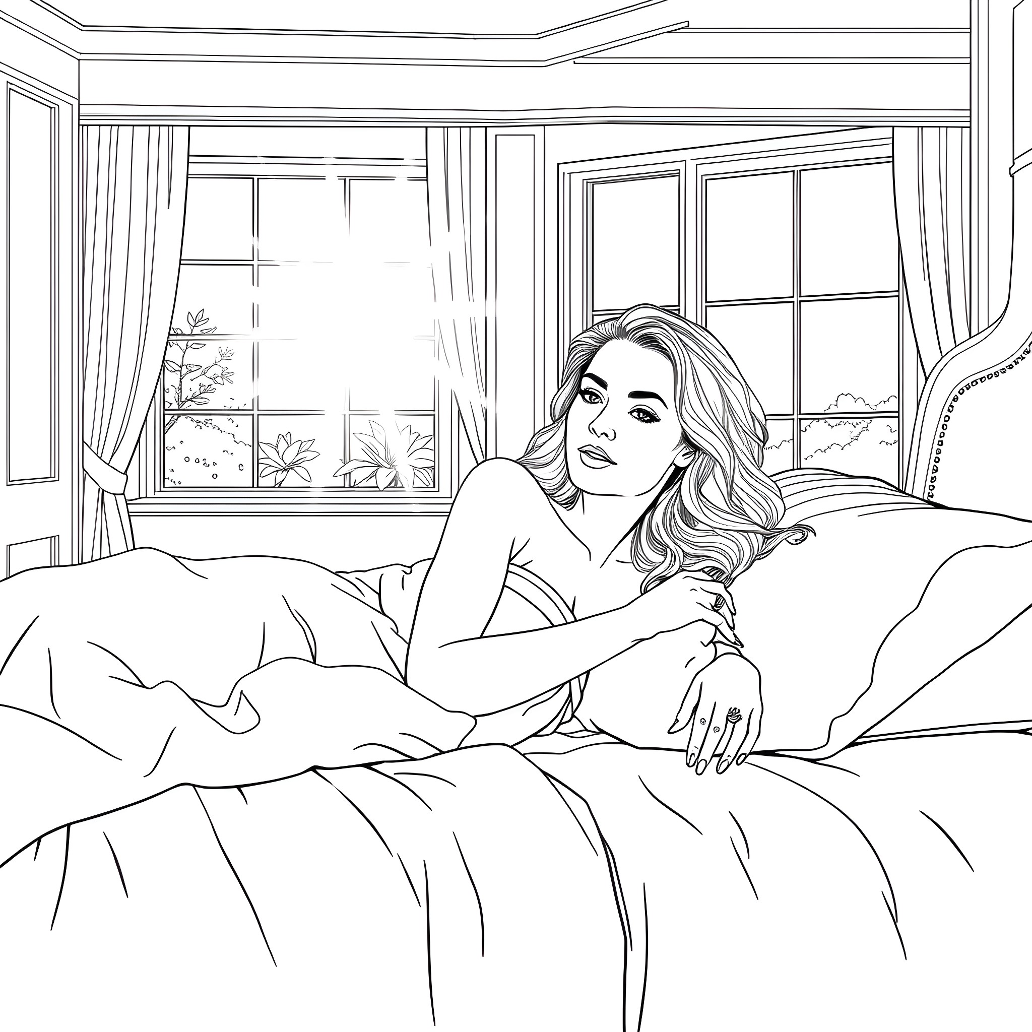 Sydney Sweeney relaxing in a cozy bedroom setting Coloring Page (free black-and-white line drawing printable PDF for all, from beginners to advanced learners, including children, teens, adults, and seniors)