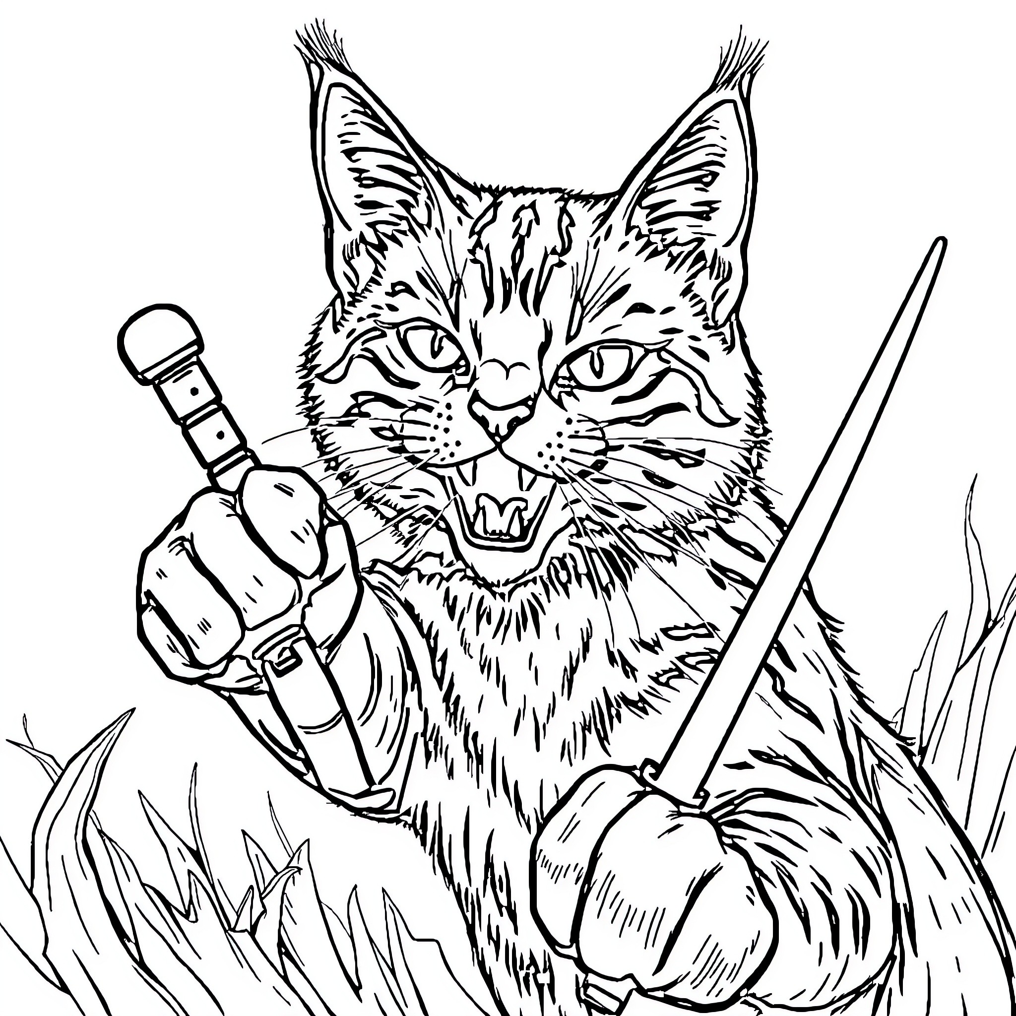 Katze wielding a sword with a fierce expression Coloring Page (free black-and-white line drawing printable PDF for all, from beginners to advanced learners, including children, teens, adults, and seniors)