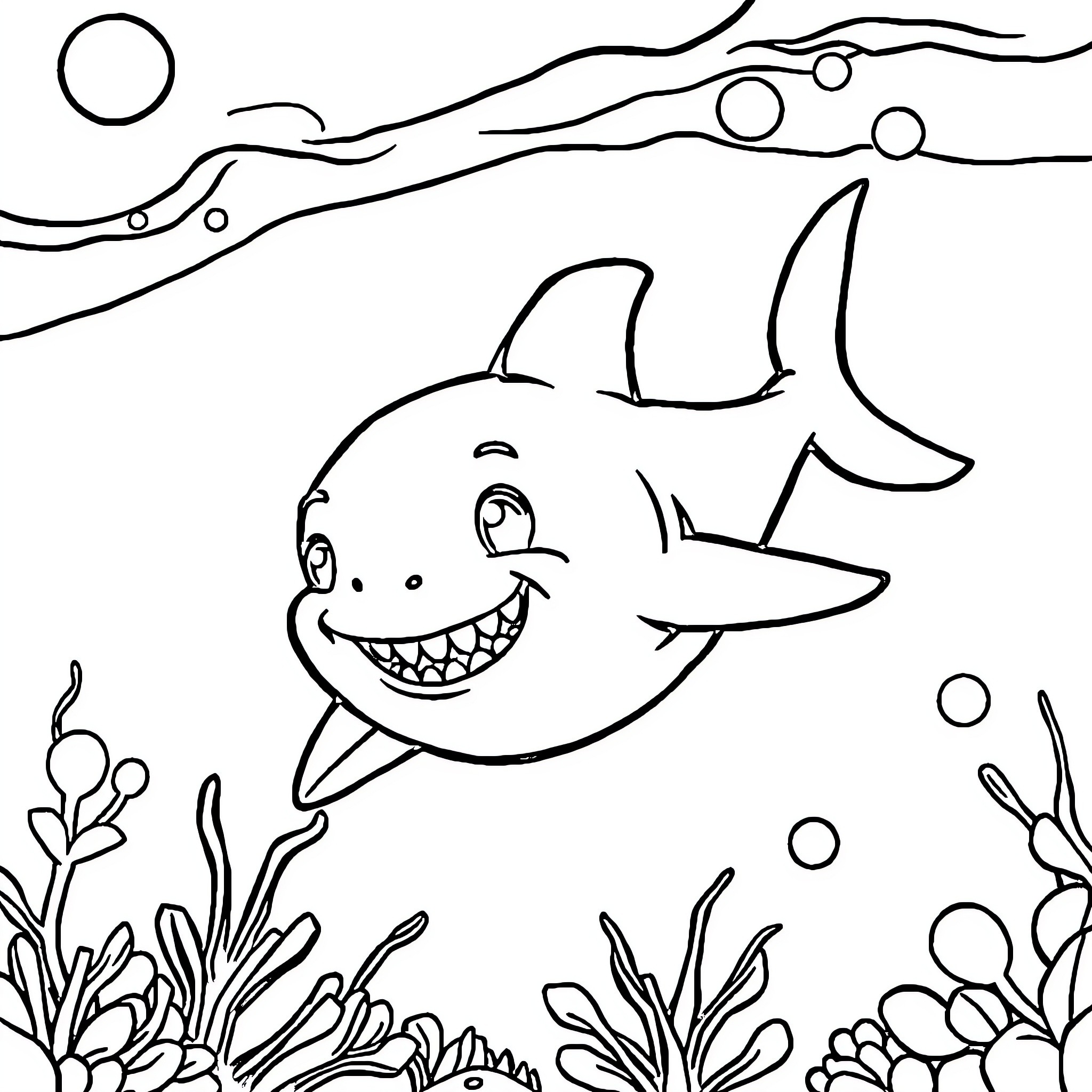 Baby Shark swimming happily in the ocean Coloring Page (free black-and-white line drawing printable PDF for all, from beginners to advanced learners, including children, teens, adults, and seniors)