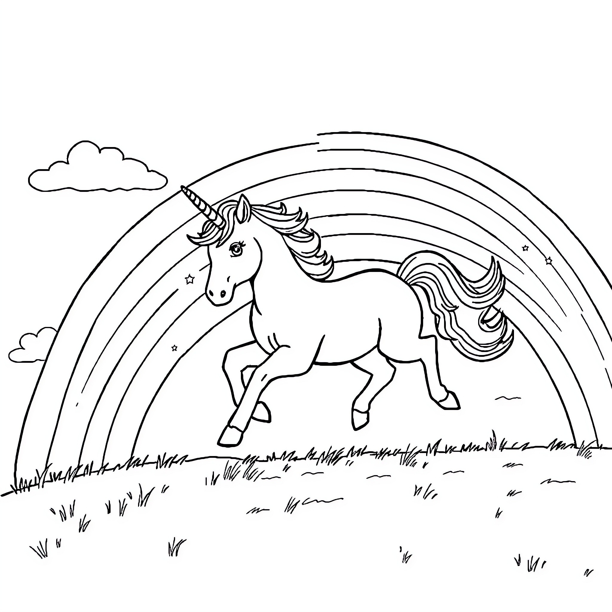 Unicorn running joyfully through a vibrant landscape Coloring Page (free black-and-white line drawing printable PDF for all, from beginners to advanced learners, including children, teens, adults, and seniors)