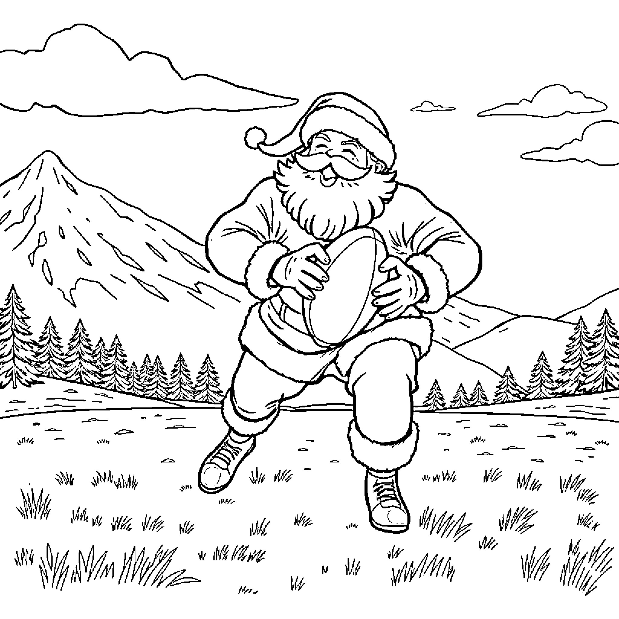 Santa enjoying a leisurely walk in the mountains Coloring Page (free black-and-white line drawing printable PDF for all, from beginners to advanced learners, including children, teens, adults, and seniors)