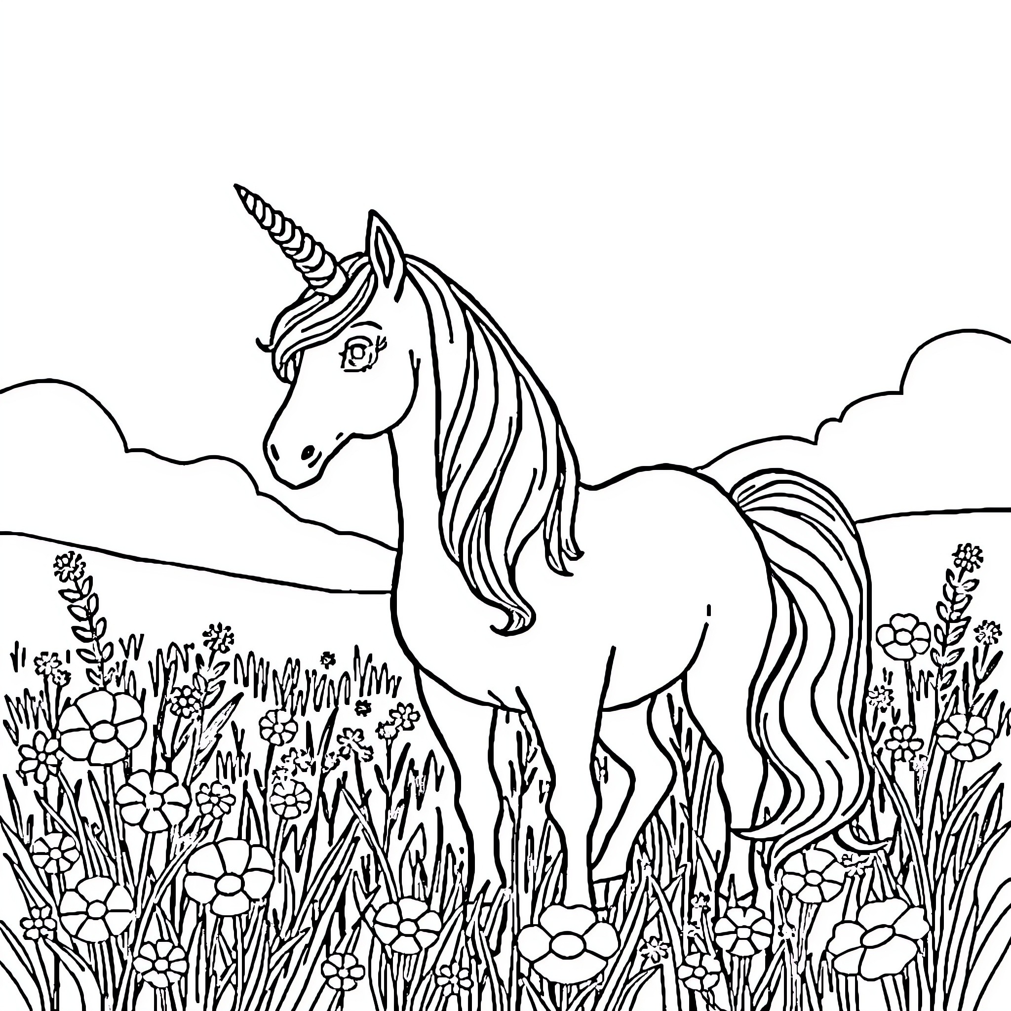 Unicorn standing in a meadow filled with flowers Coloring Page (free black-and-white line drawing printable PDF for all, from beginners to advanced learners, including children, teens, adults, and seniors)
