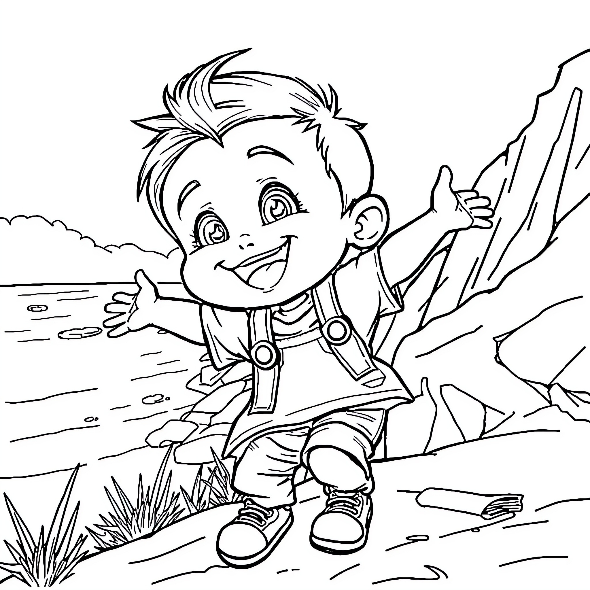 Niño exploring the outdoors with excitement Coloring Page (free black-and-white line drawing printable PDF for all, from beginners to advanced learners, including children, teens, adults, and seniors)