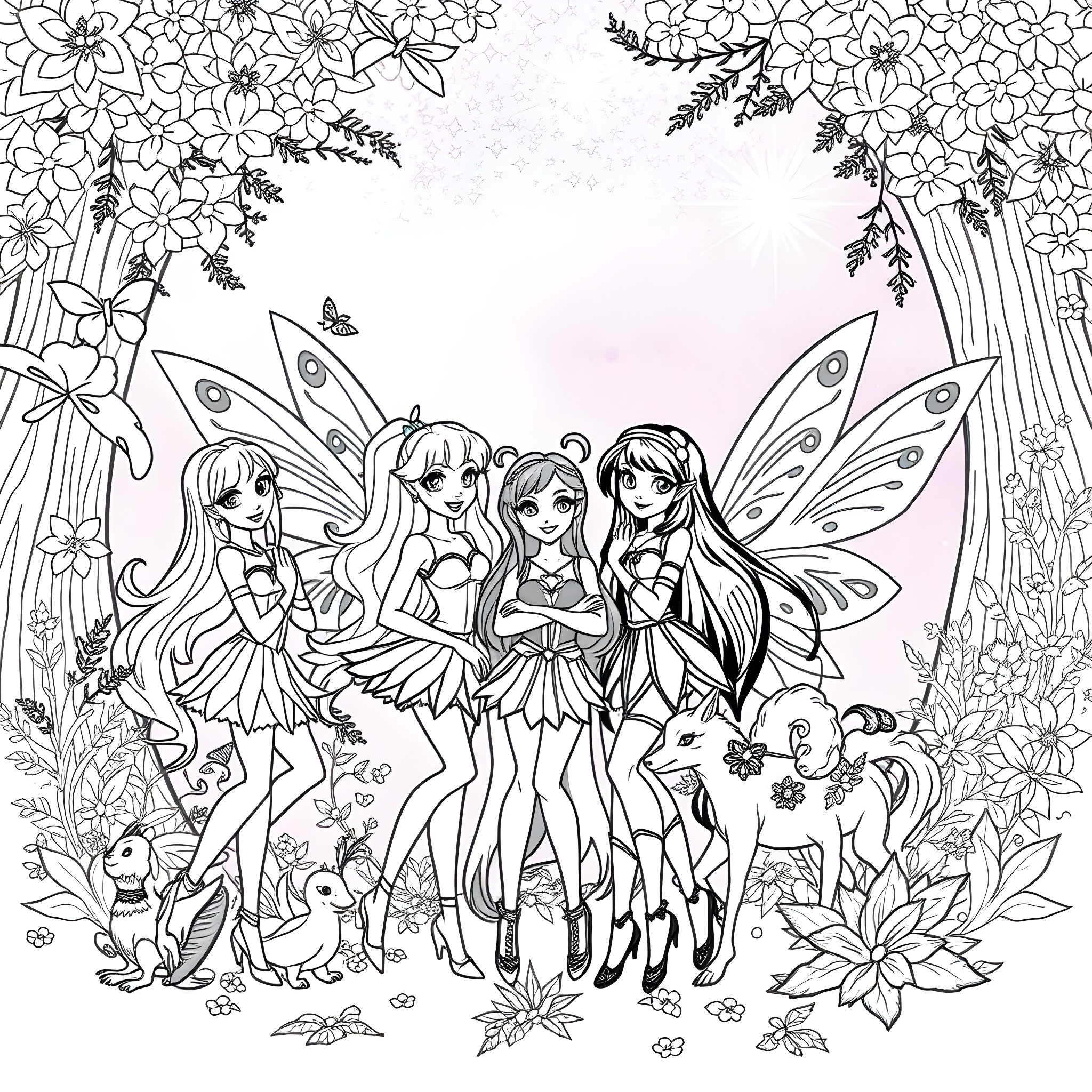 Winx Fairies Gather in the Enchanted Forest Coloring Page (free black-and-white line drawing printable PDF for all, from beginners to advanced learners, including children, teens, adults, and seniors)