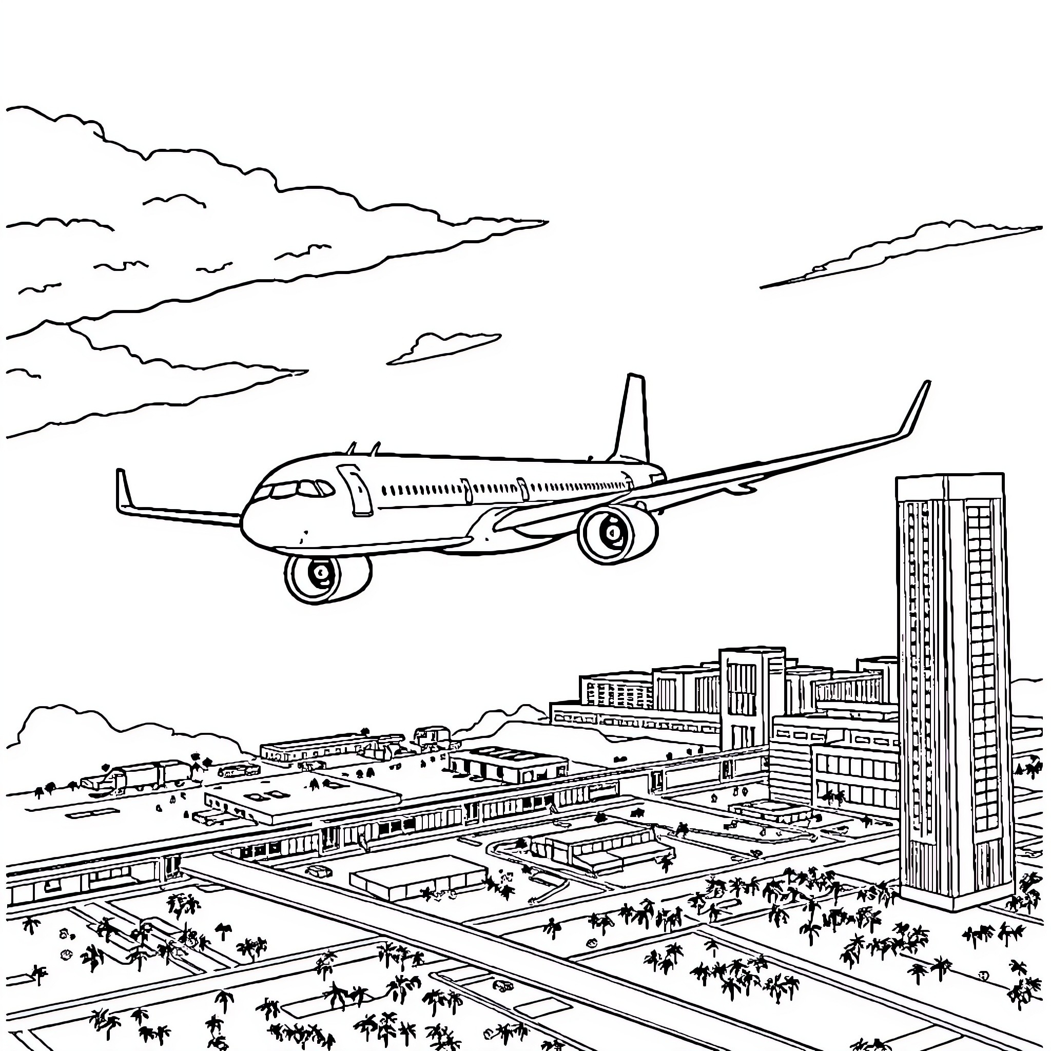 Airplane flying over a cityscape with skyscrapers Coloring Page (free black-and-white line drawing printable PDF for all, from beginners to advanced learners, including children, teens, adults, and seniors)