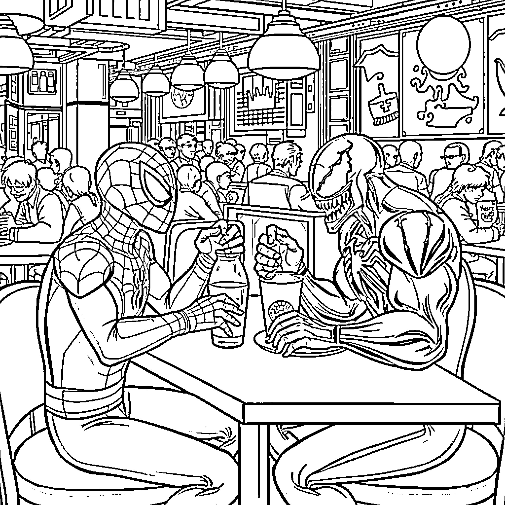 Spiderman interacting with people in a cafe setting Coloring Page (free black-and-white line drawing printable PDF for all, from beginners to advanced learners, including children, teens, adults, and seniors)