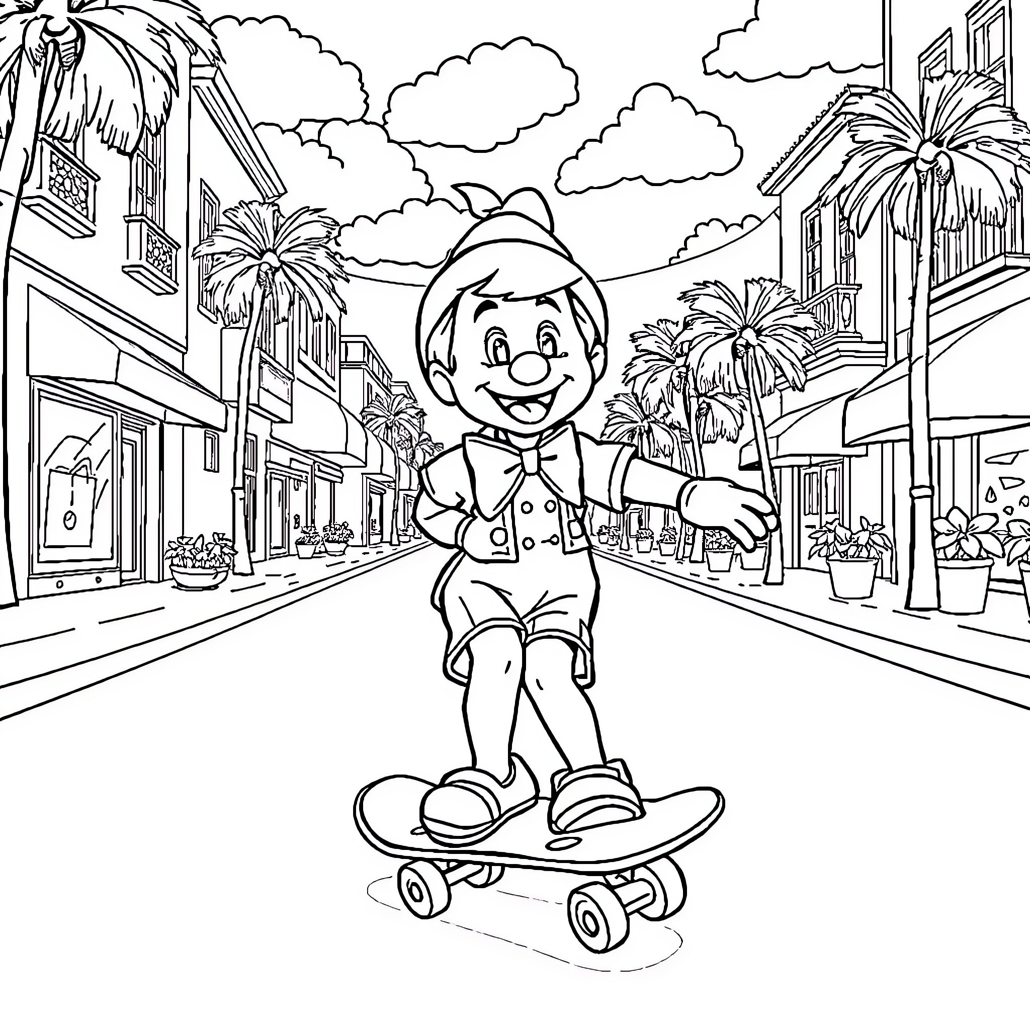 Pinocchio skateboarding in a lively town Coloring Page (free black-and-white line drawing printable PDF for all, from beginners to advanced learners, including children, teens, adults, and seniors)