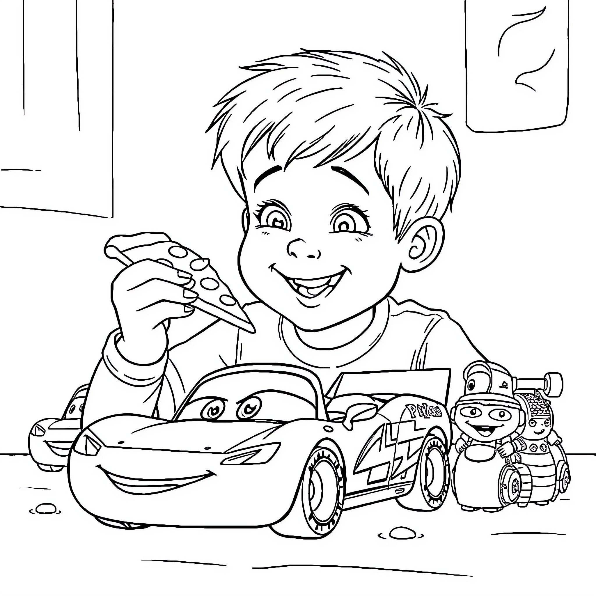 Boy playing happily with toy cars Coloring Page (free black-and-white line drawing printable PDF for all, from beginners to advanced learners, including children, teens, adults, and seniors)