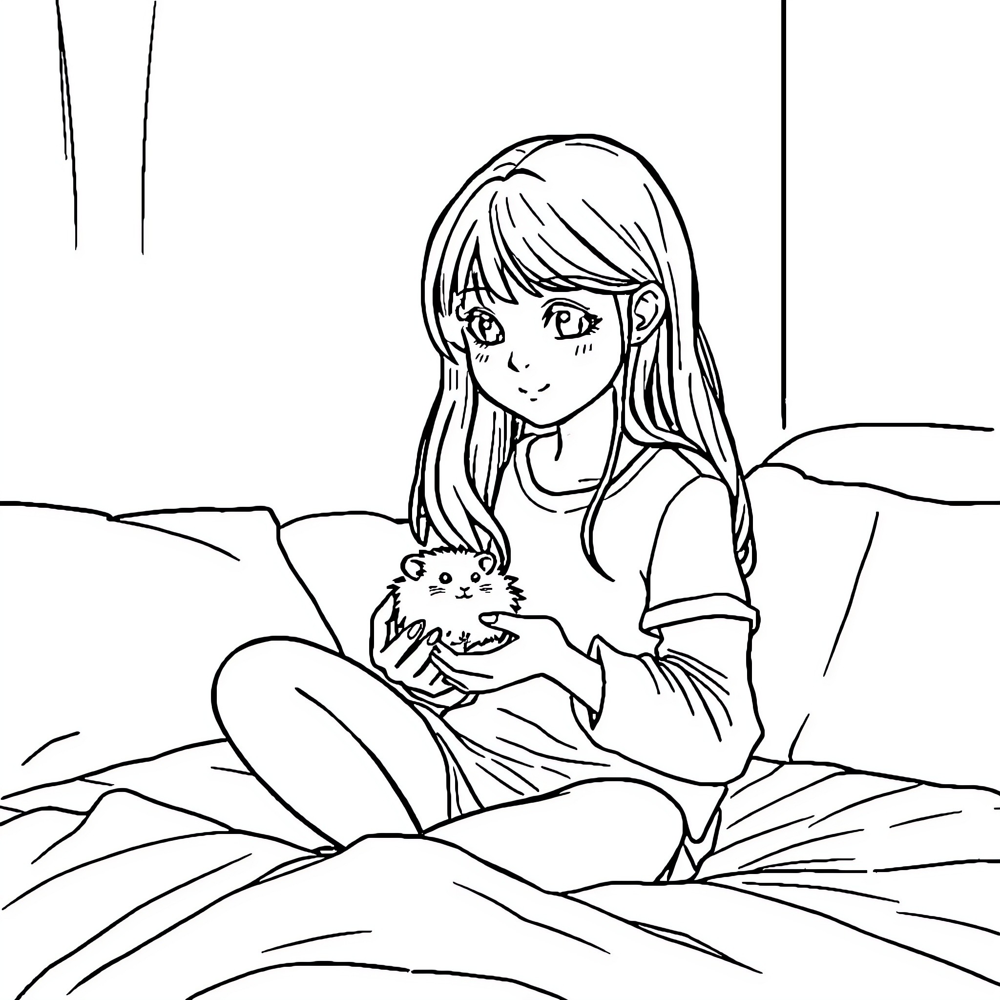 Teenager relaxing peacefully with a pet Coloring Page (free black-and-white line drawing printable PDF for all, from beginners to advanced learners, including children, teens, adults, and seniors)