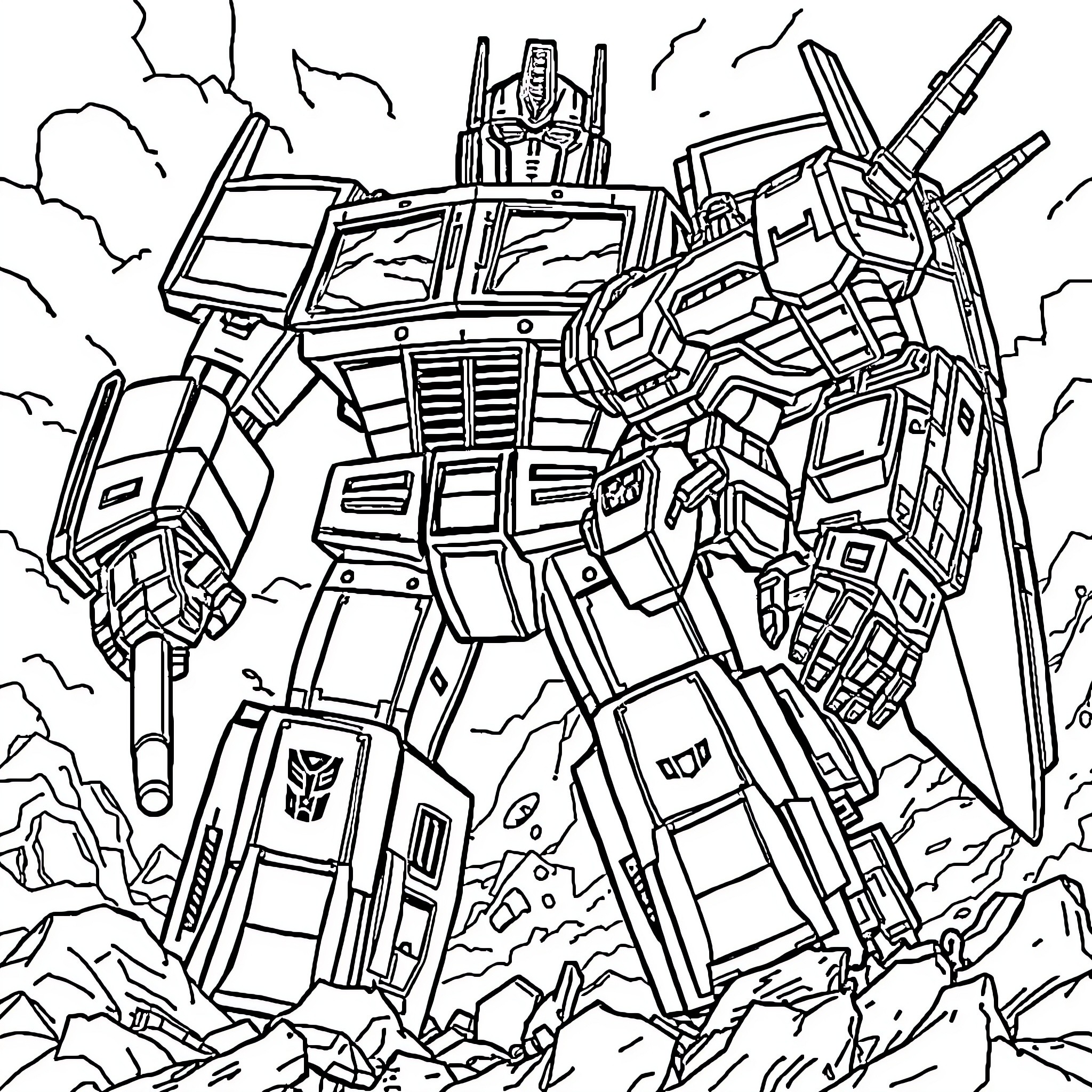 Optimus Prime standing tall in a battle scene Coloring Page (free black-and-white line drawing printable PDF for all, from beginners to advanced learners, including children, teens, adults, and seniors)