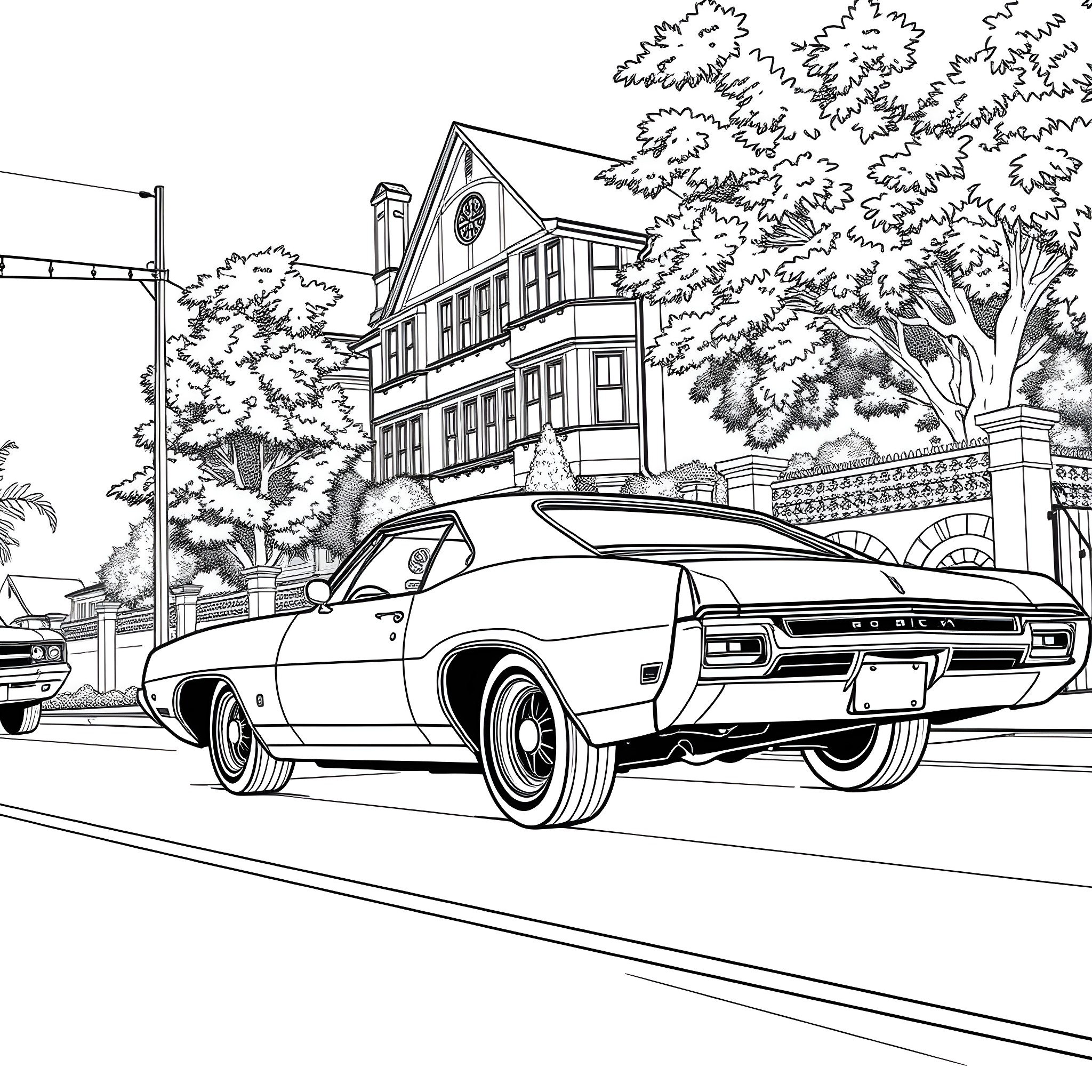 Buick muscle car parked on suburban street Coloring Page (free black-and-white line drawing printable PDF for all, from beginners to advanced learners, including children, teens, adults, and seniors)