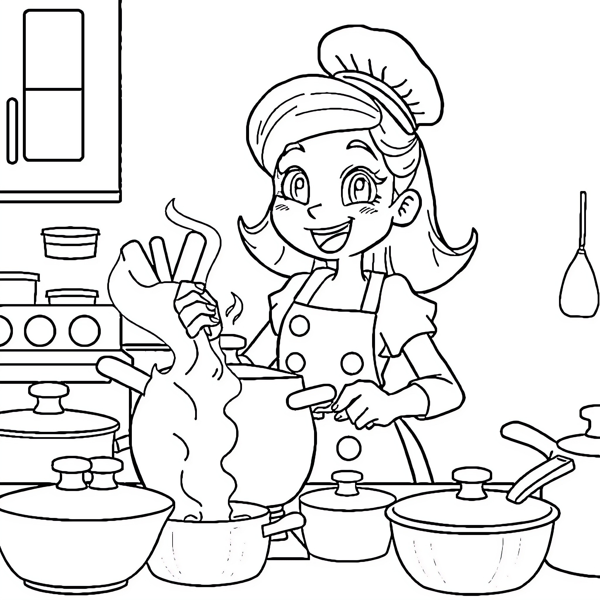 Bluey Helping in the Kitchen with Cooking Pots Coloring Page (free black-and-white line drawing printable PDF for all, from beginners to advanced learners, including children, teens, adults, and seniors)
