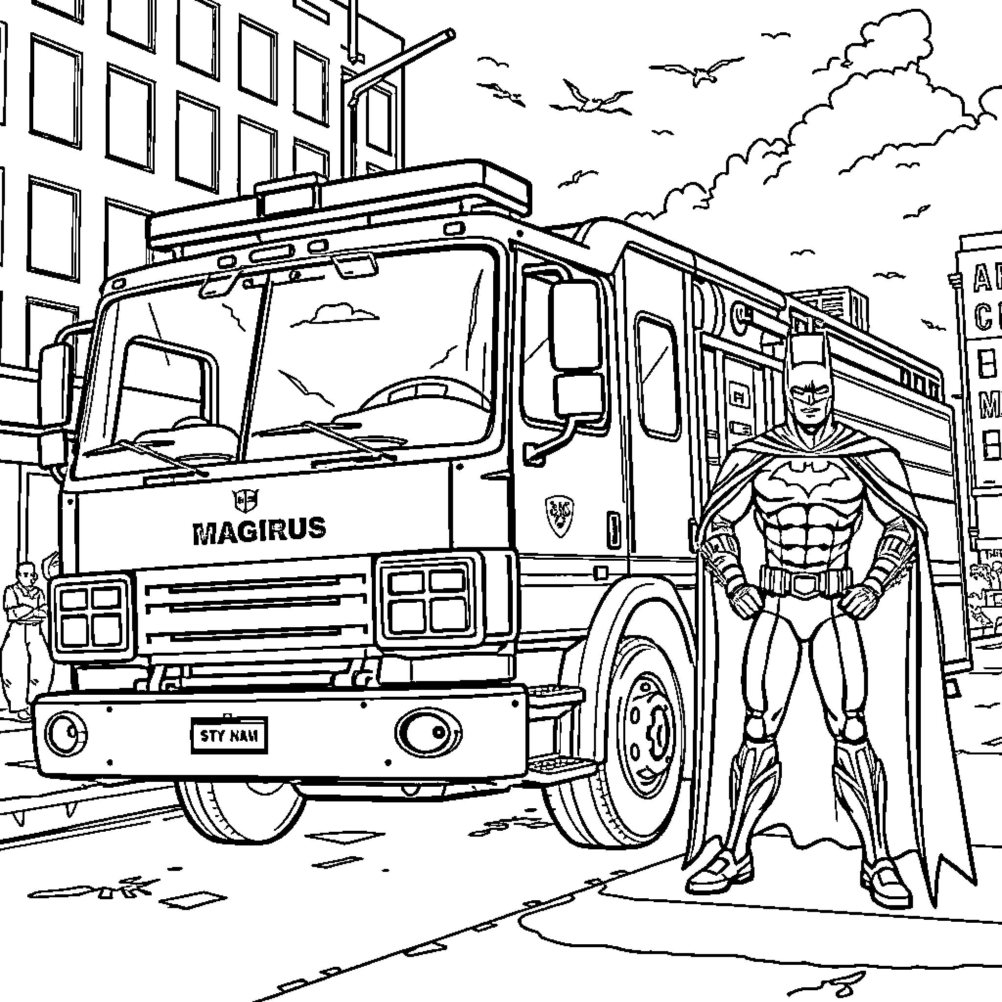 Firetruck Responding to Emergency with Superhero Coloring Page (free black-and-white line drawing printable PDF for all, from beginners to advanced learners, including children, teens, adults, and seniors)