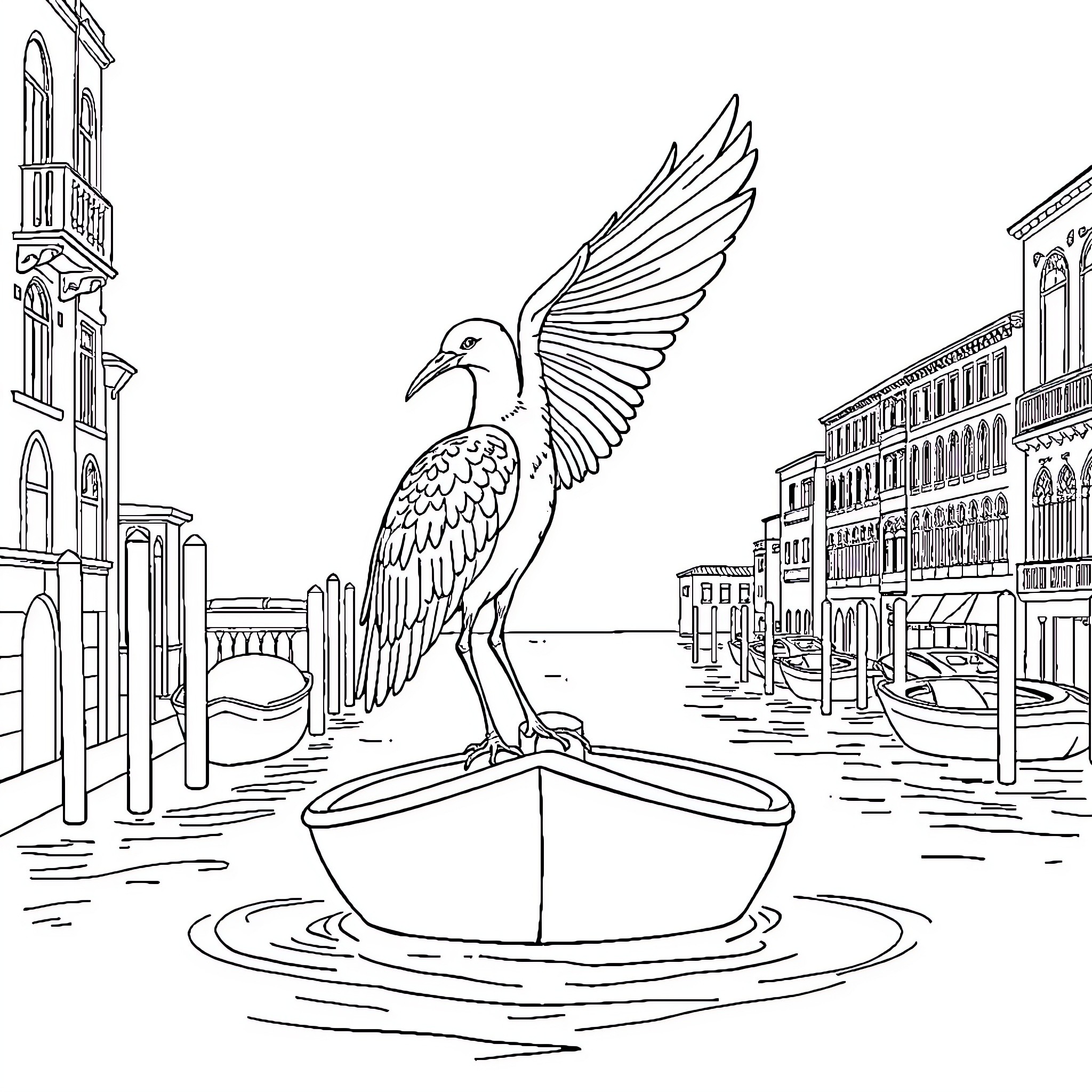 Camel-like bird in a Venetian canal scene Coloring Page (free black-and-white line drawing printable PDF for all, from beginners to advanced learners, including children, teens, adults, and seniors)
