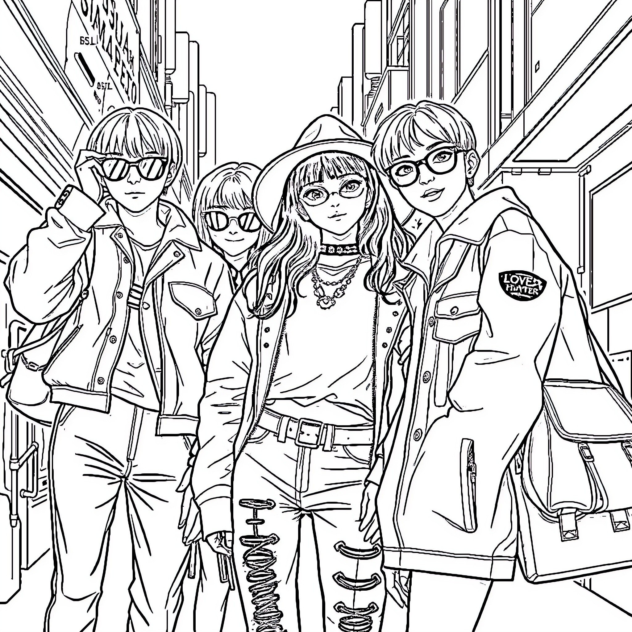 Kpop Hunter Group Posing in the City Coloring Page (free black-and-white line drawing printable PDF for all, from beginners to advanced learners, including children, teens, adults, and seniors)