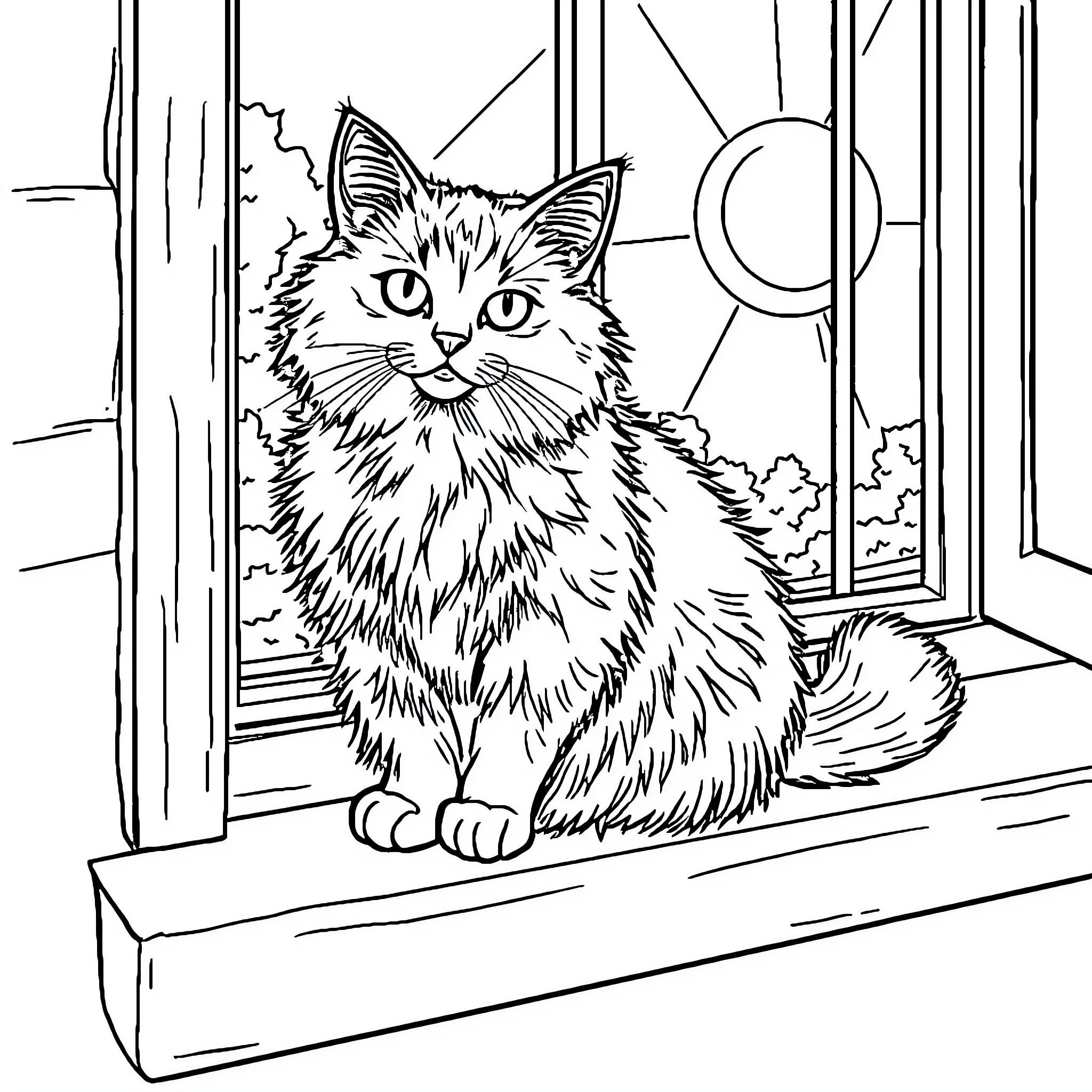 Cat sitting patiently by the window Coloring Page (free black-and-white line drawing printable PDF for all, from beginners to advanced learners, including children, teens, adults, and seniors)