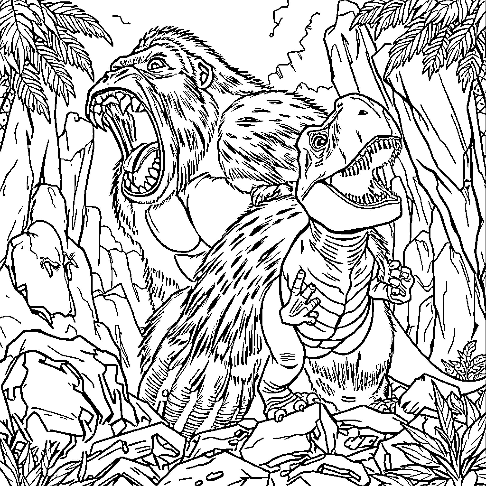 King Kong Battling Fierce Dinosaur in Jungle Landscape Coloring Page (free black-and-white line drawing printable PDF for all, from beginners to advanced learners, including children, teens, adults, and seniors)