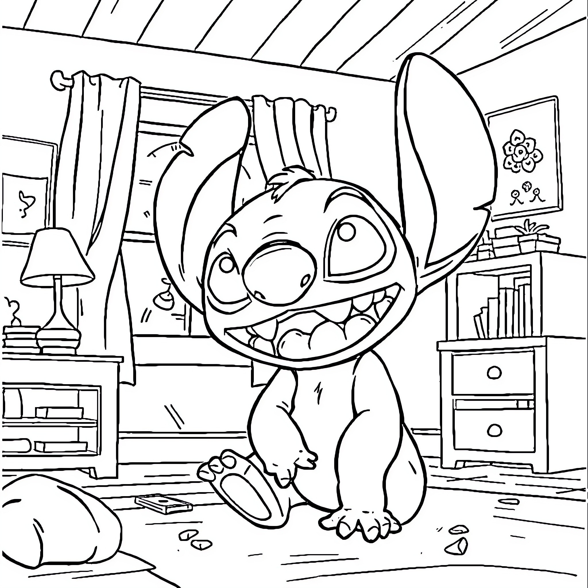 Stitch enjoying a cozy indoor space Coloring Page (free black-and-white line drawing printable PDF for all, from beginners to advanced learners, including children, teens, adults, and seniors)