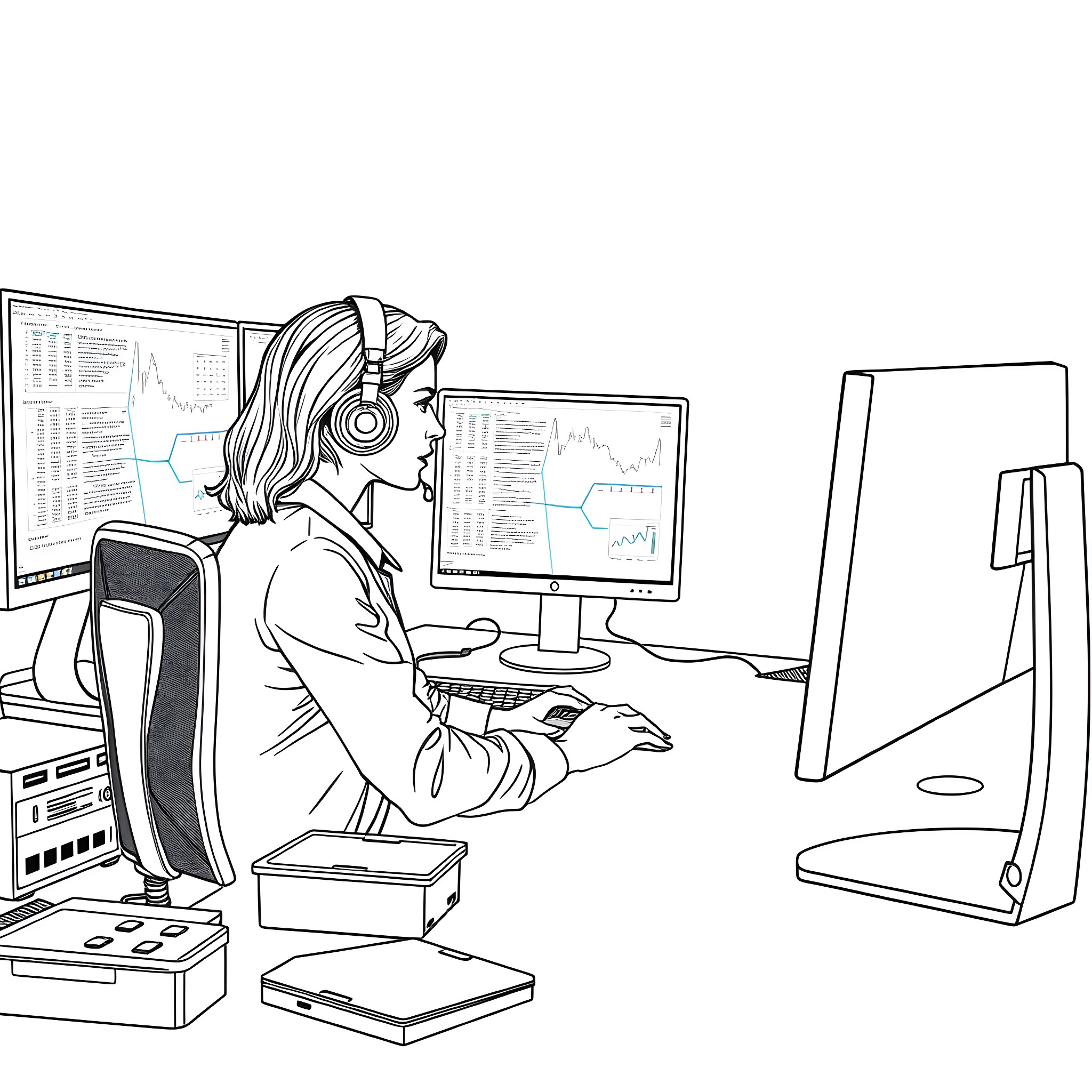 Woman working diligently at computer desk Coloring Page (free black-and-white line drawing printable PDF for all, from beginners to advanced learners, including children, teens, adults, and seniors)