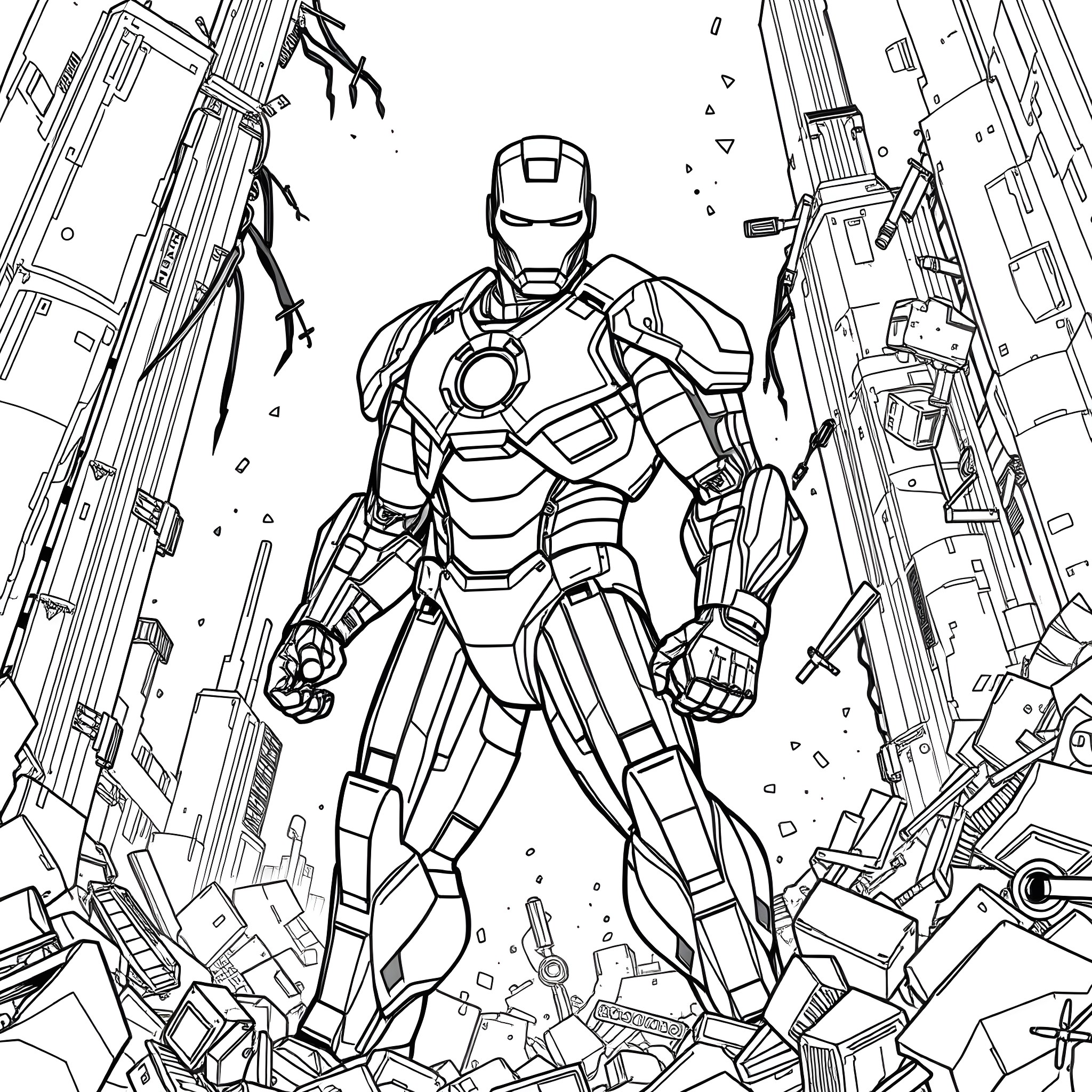 Ironman fighting in an action-packed scene Coloring Page (free black-and-white line drawing printable PDF for all, from beginners to advanced learners, including children, teens, adults, and seniors)