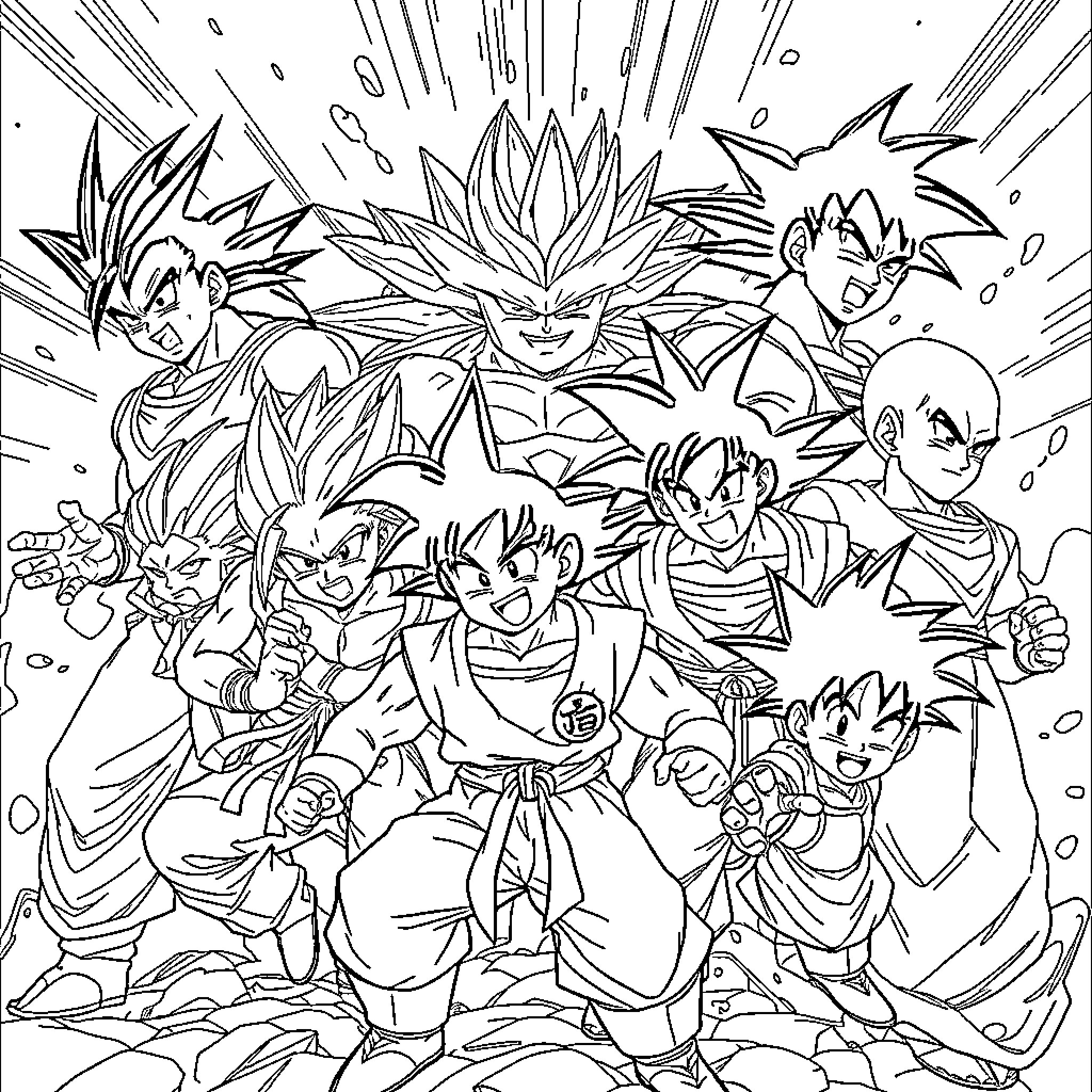 Dragon Ball Z characters posing together in a dynamic battle scene Coloring Page (free black-and-white line drawing printable PDF for all, from beginners to advanced learners, including children, teens, adults, and seniors)