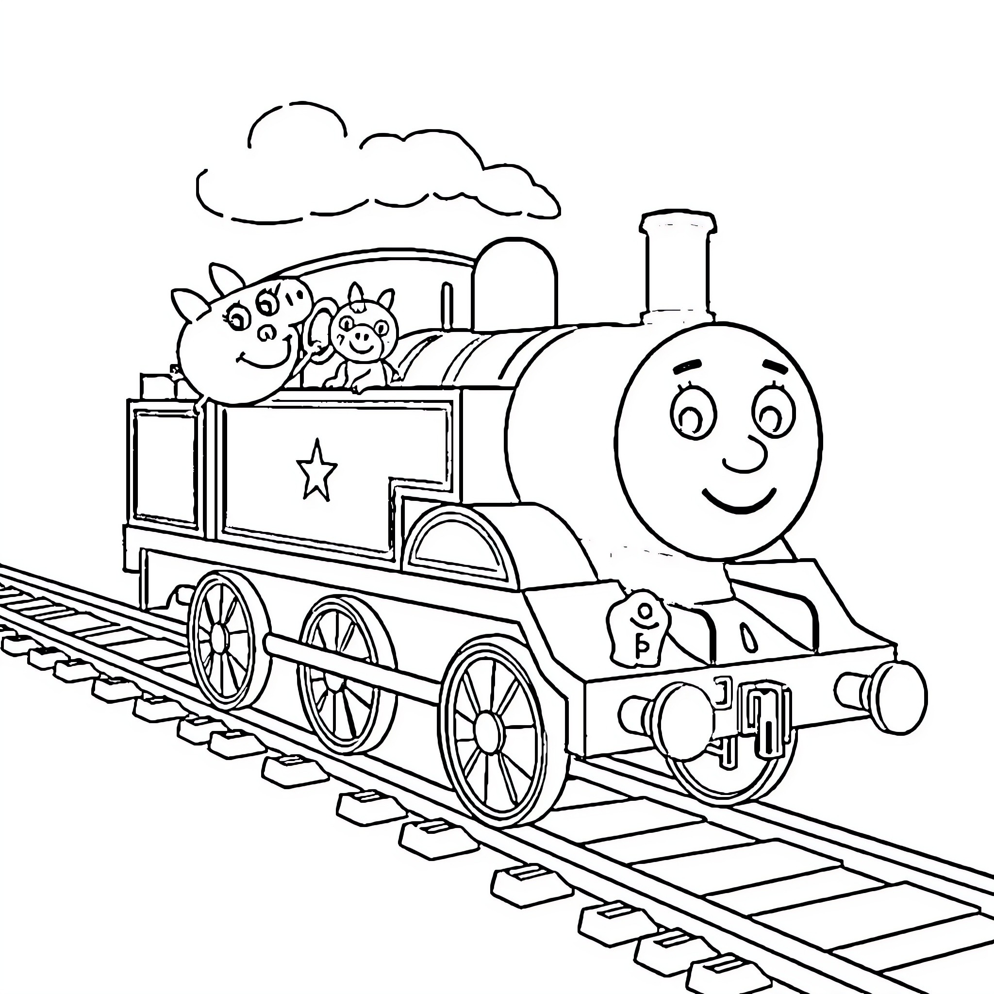 Peppa Pig riding a joyful train Coloring Page (free black-and-white line drawing printable PDF for all, from beginners to advanced learners, including children, teens, adults, and seniors)
